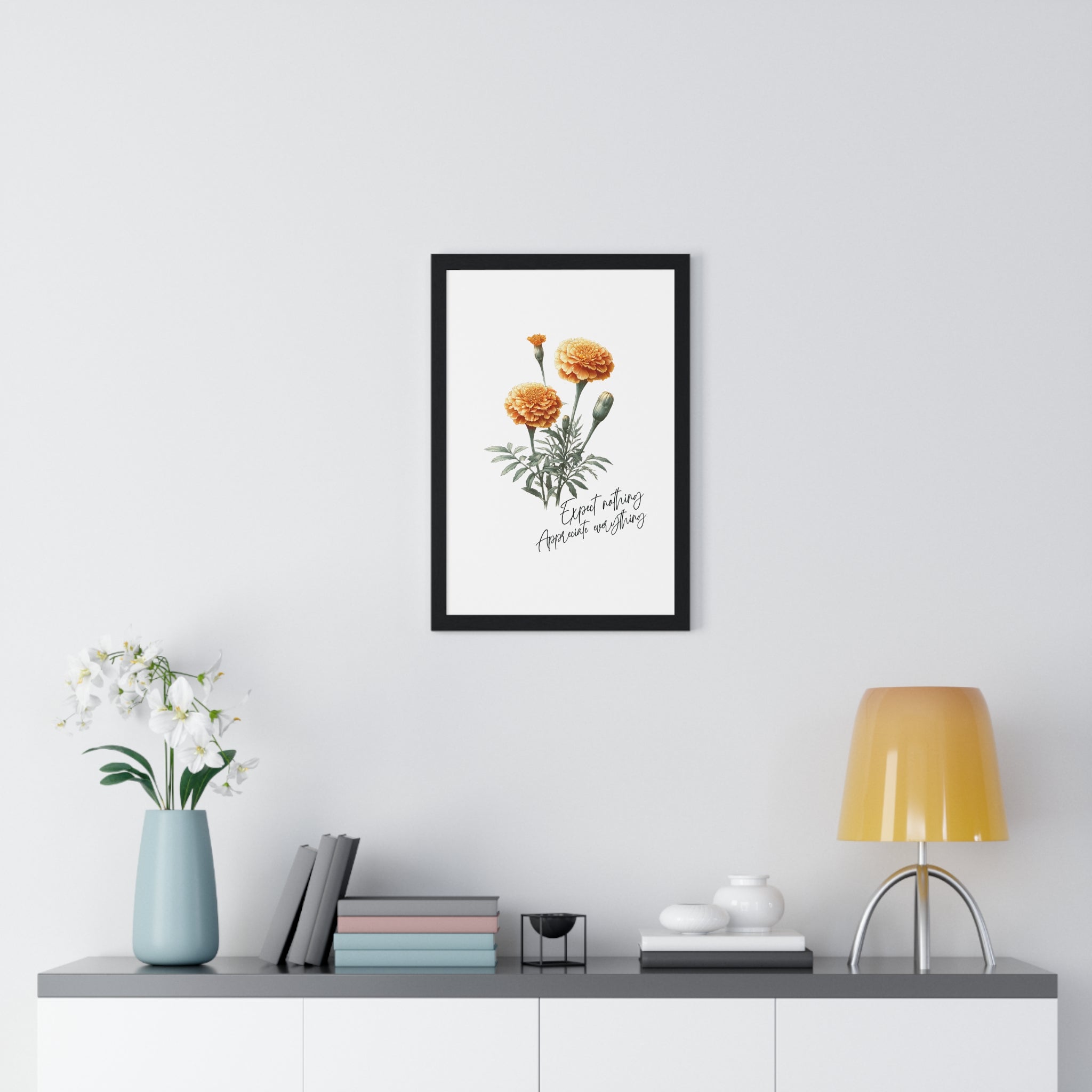 October Birth Month Flower Wall Art – Marigold Illustration with Inspirational Quote in Wooden Frame
