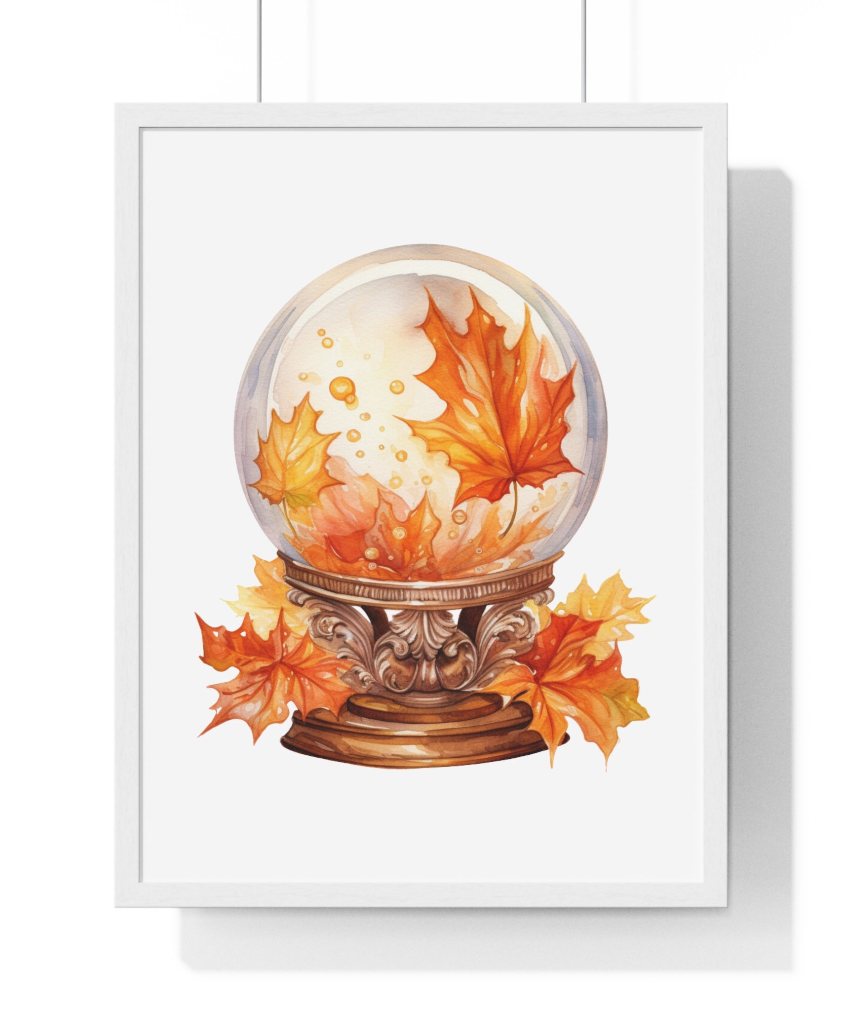 Floating Leaves Snow Globe Wall Art – Ornate Autumn Fantasy Poster | Wooden Frame Seasonal Home Decor