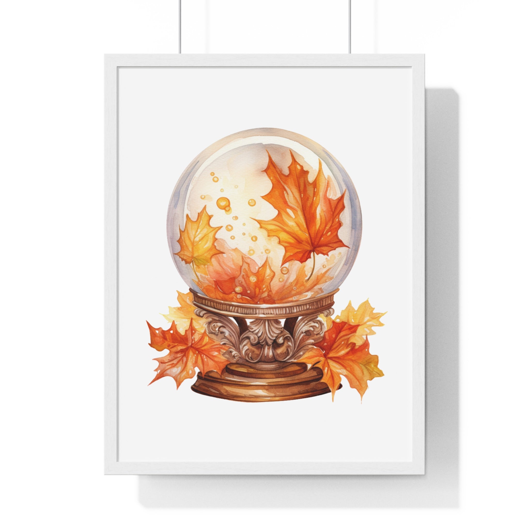 Floating Leaves Snow Globe Wall Art – Ornate Autumn Fantasy Poster | Wooden Frame Seasonal Home Decor