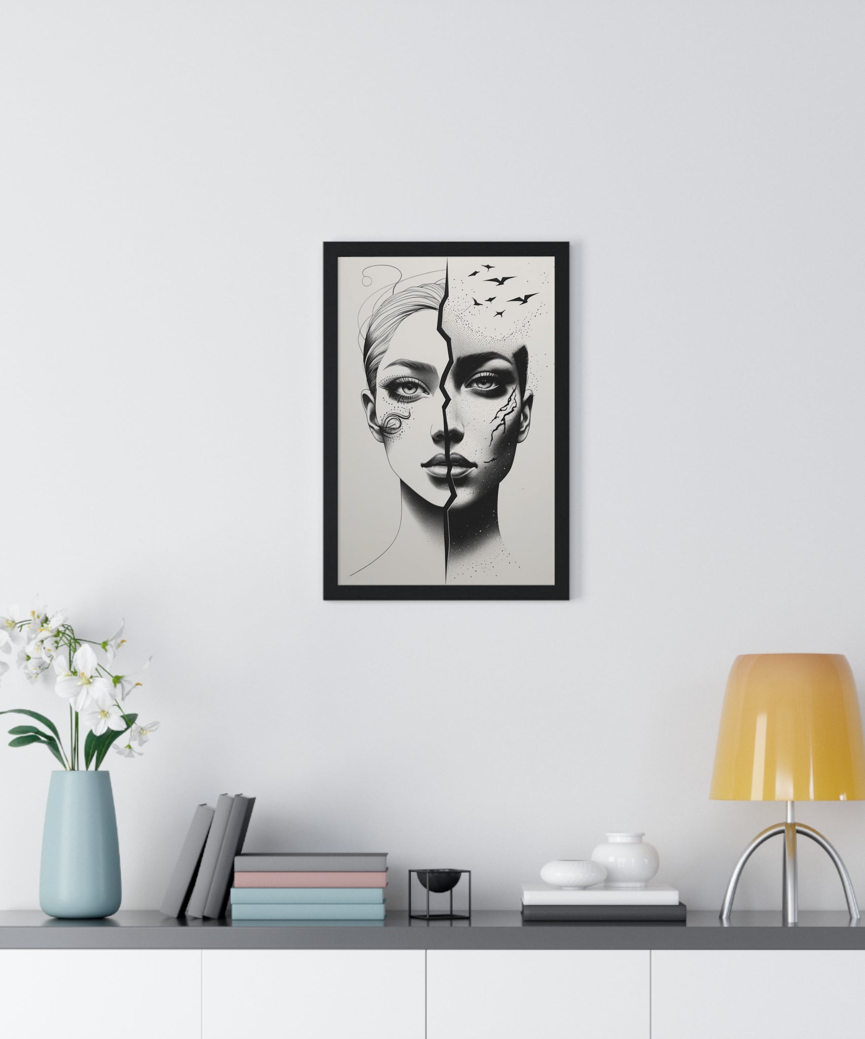 Vertical Framed Poster, Artistic Split Face Poster, Abstract Wall Art, Modern Home Decor, Unique Gift for Art Lovers, Stylish Room - Gallory Hive
