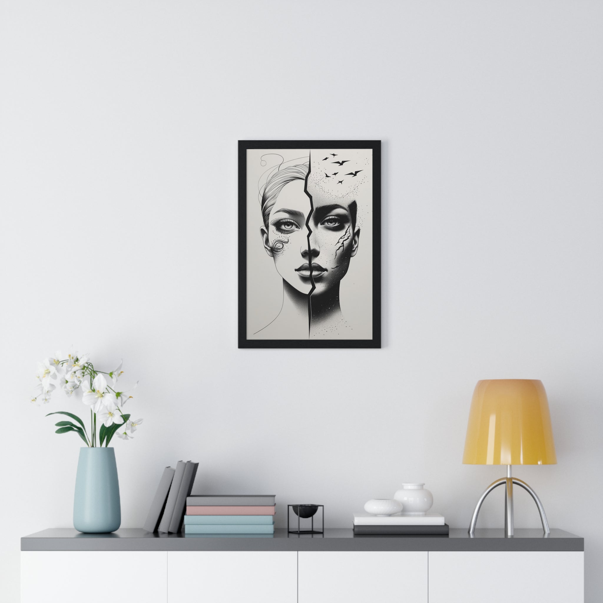 Vertical Framed Poster, Artistic Split Face Poster, Abstract Wall Art, Modern Home Decor, Unique Gift for Art Lovers, Stylish Room