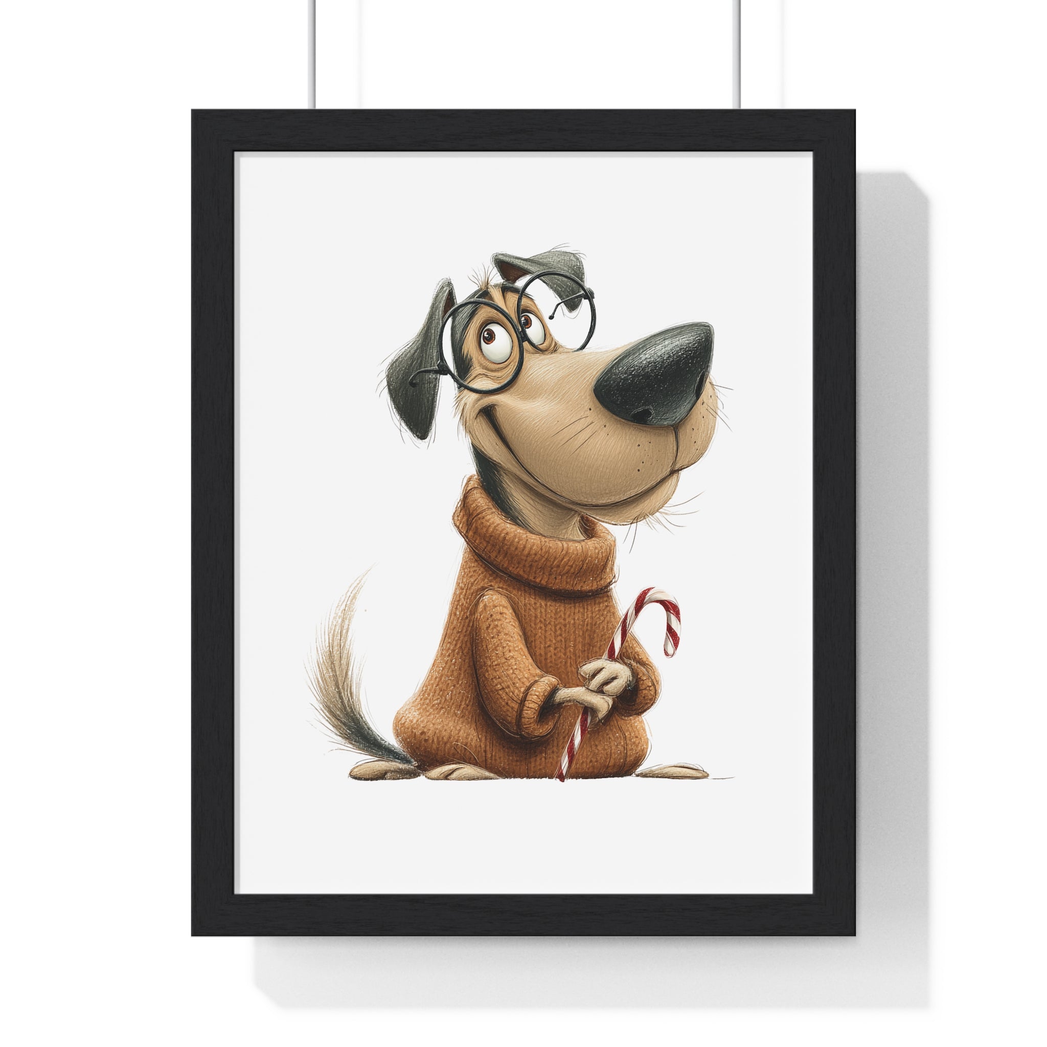 Whimsical Dog in Sweater with Candy Cane - Framed Wall Art - Gallory Hive