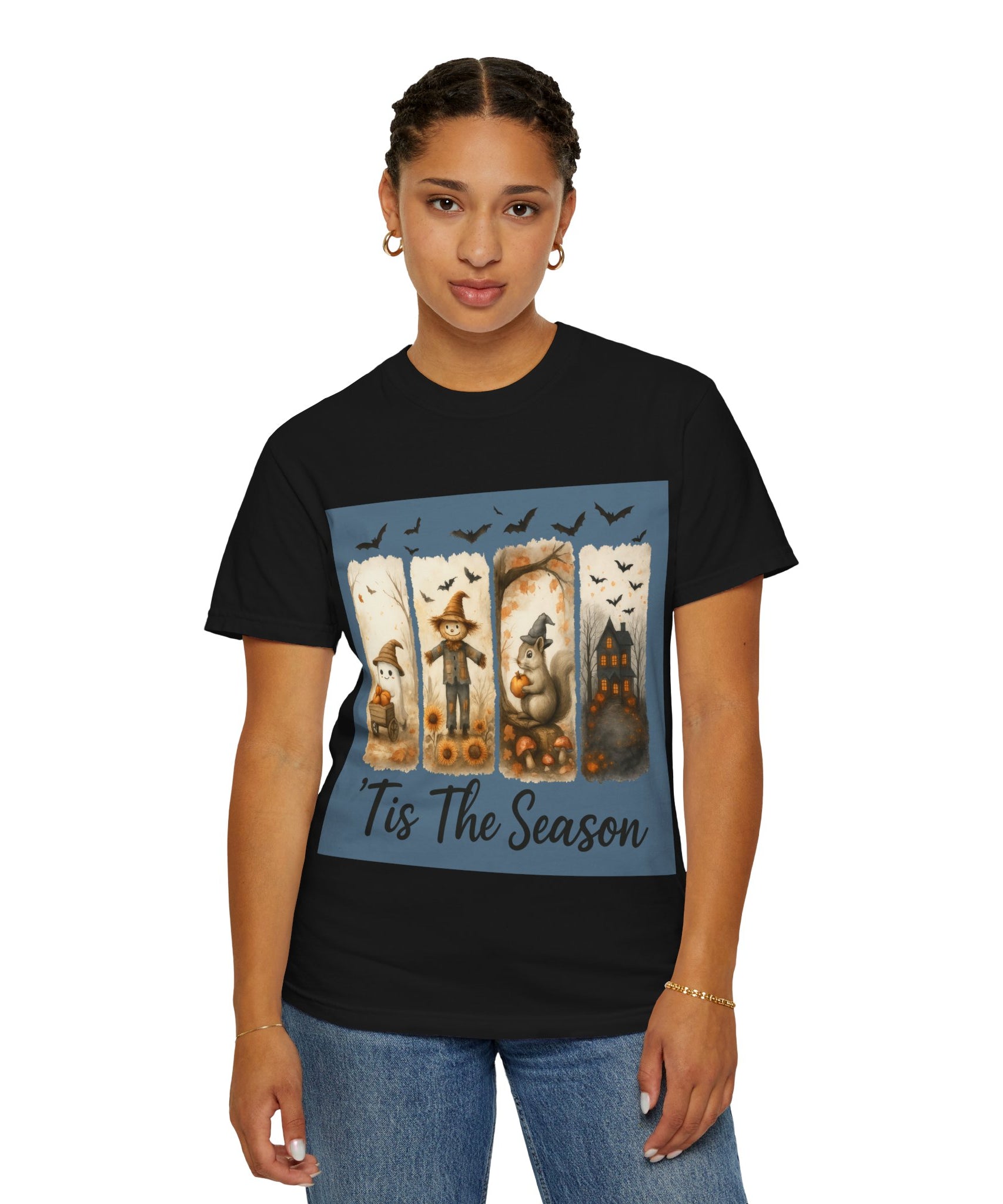 Tis The Season Fall Halloween T-Shirt – Cute Ghost, Scarecrow, Squirrel & Haunted House Design - Gallory Hive