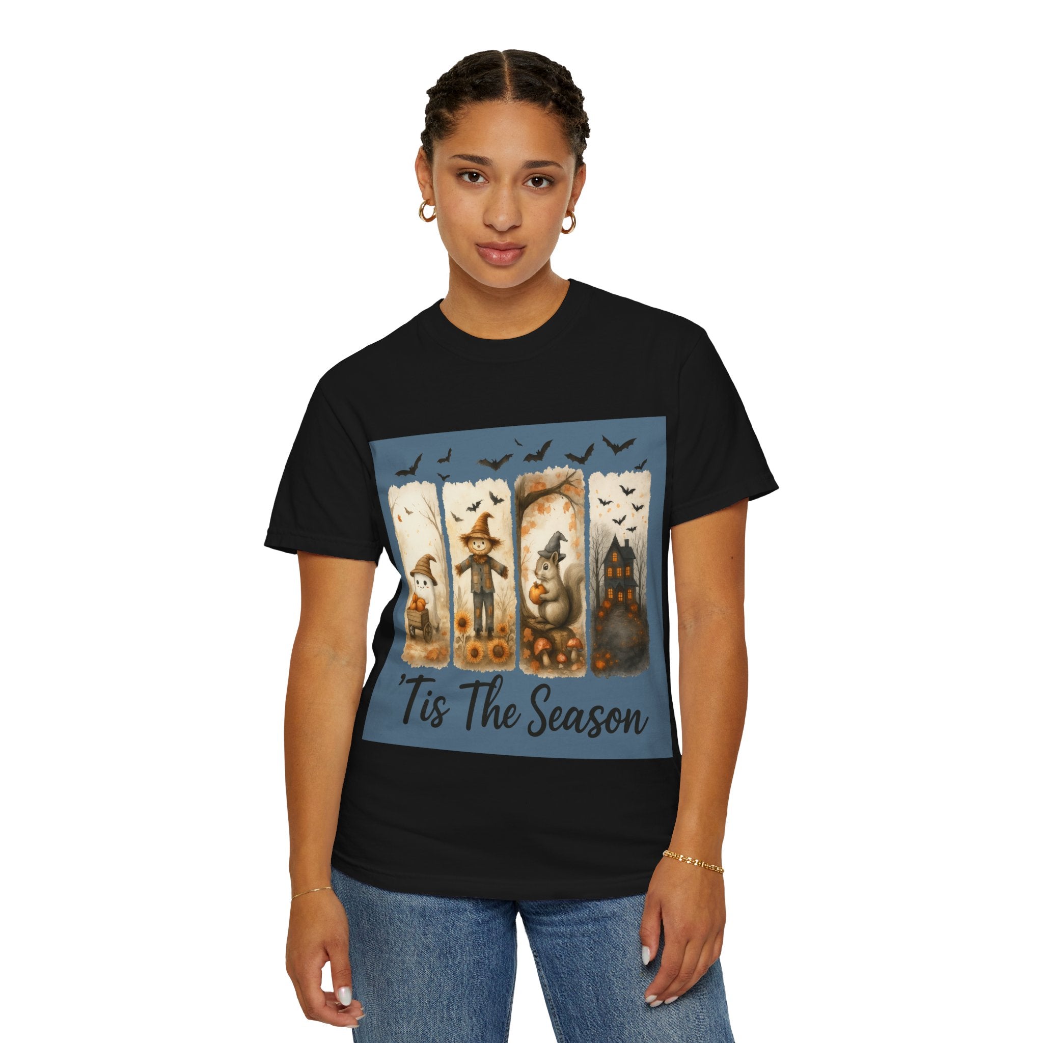 Tis The Season Fall Halloween T-Shirt – Cute Ghost, Scarecrow, Squirrel & Haunted House Design