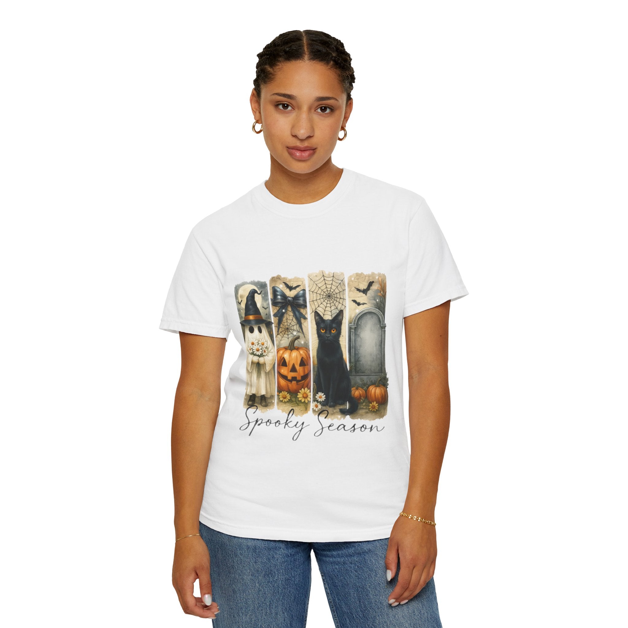 Spooky Season Halloween Unisex T-Shirt – Ghost, Black Cat & Pumpkin Design
