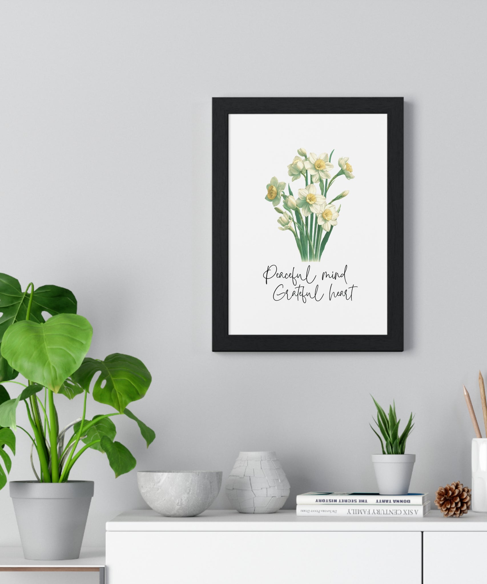 December Birth Month Flower Wall Art – Narcissus Illustration with Inspirational Quote in Wooden Frame | Peaceful Mind & Grateful Heart
