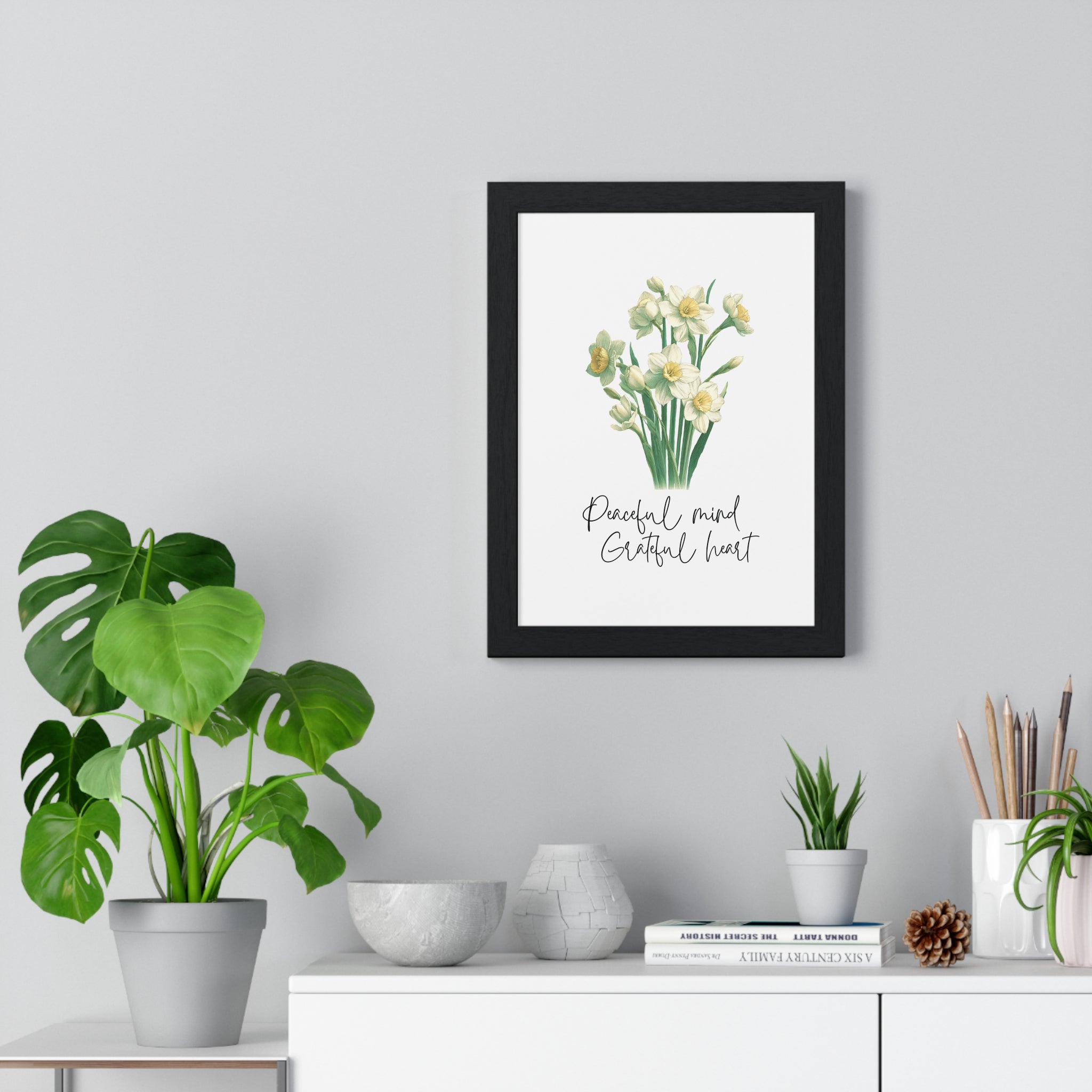 December Birth Month Flower Wall Art – Narcissus Illustration with Inspirational Quote in Wooden Frame | Peaceful Mind & Grateful Heart