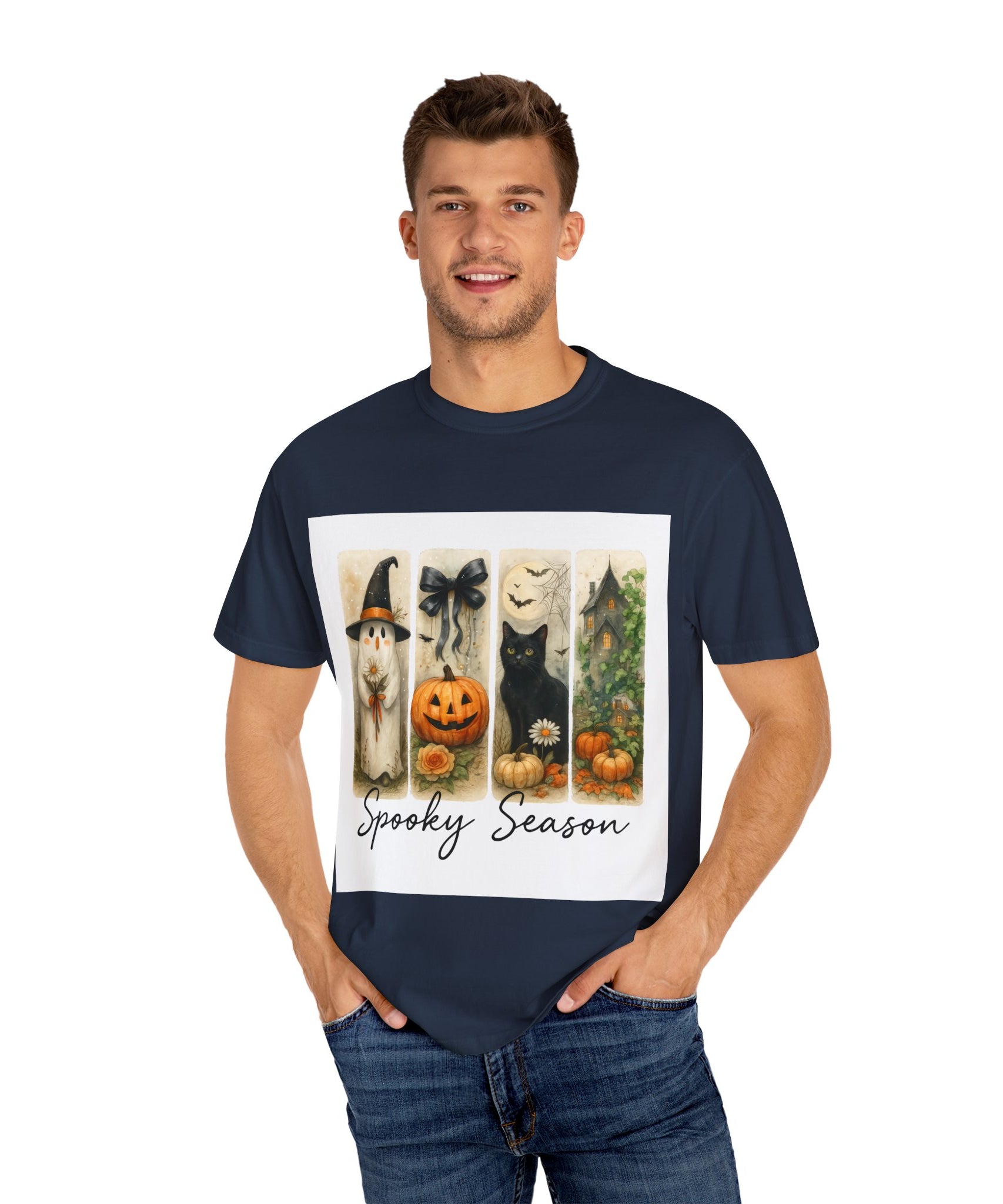 Vintage Halloween Unisex T-Shirt – Cute Ghost, Black Cat, Pumpkin & Haunted House Art - Gallory Hive