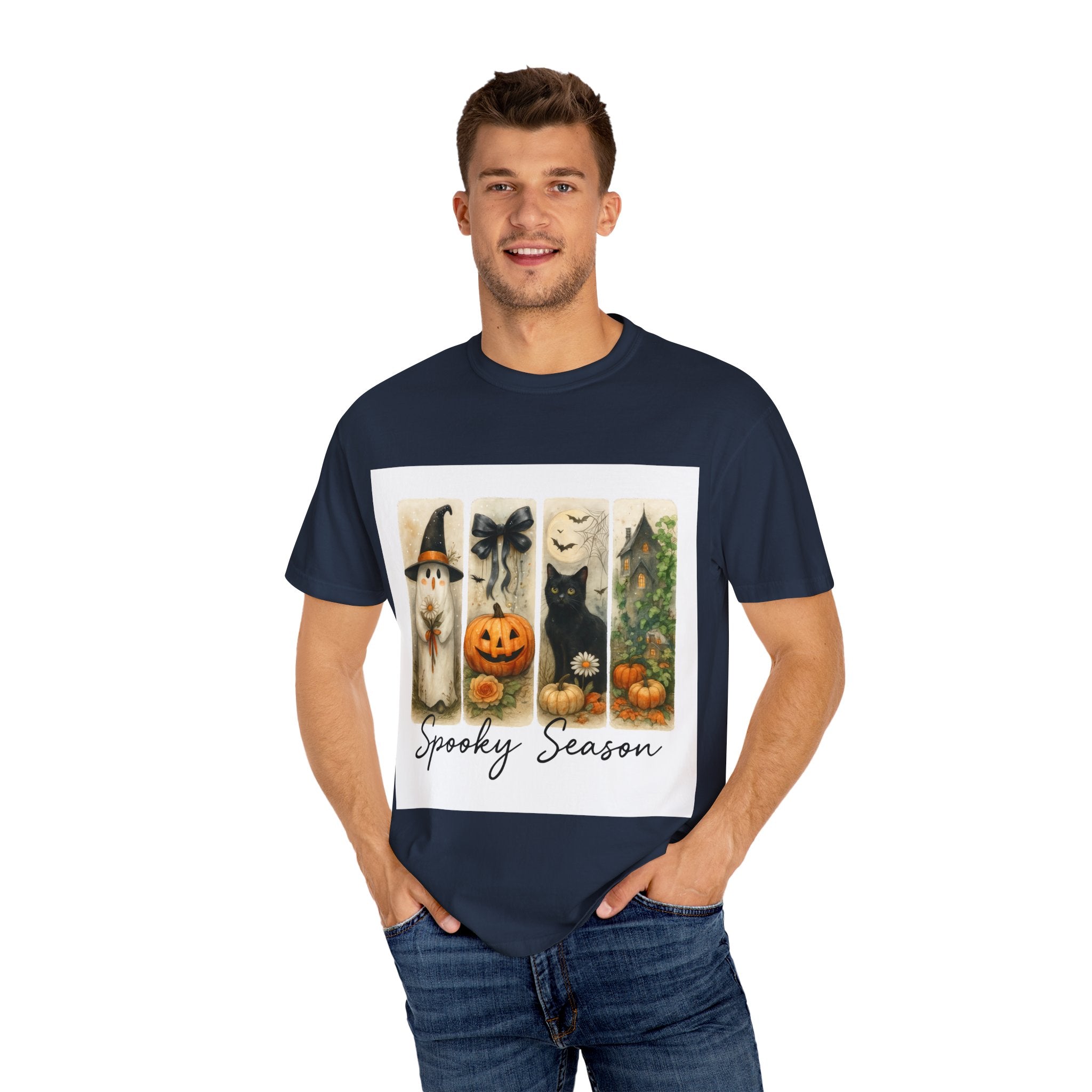 Vintage Halloween Unisex T-Shirt – Cute Ghost, Black Cat, Pumpkin & Haunted House Art