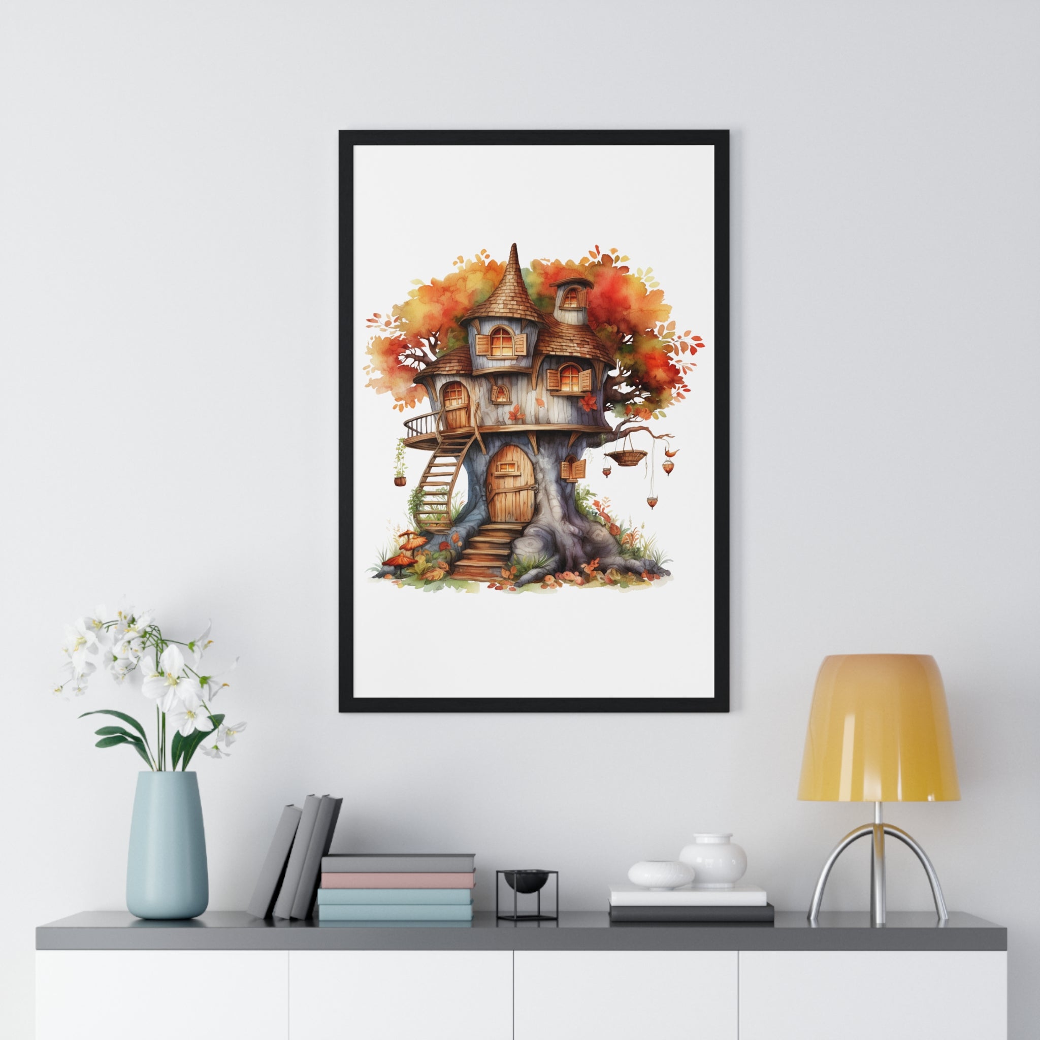 Whimsical Autumn Treehouse Wall Art – Fantasy Forest Cottage with Lanterns & Hanging Basket | Wooden Frame Seasonal Decor