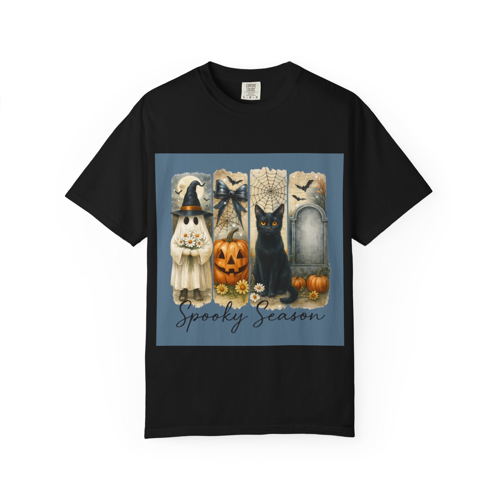Spooky Season Halloween Unisex T-Shirt – Ghost, Black Cat & Pumpkin Design