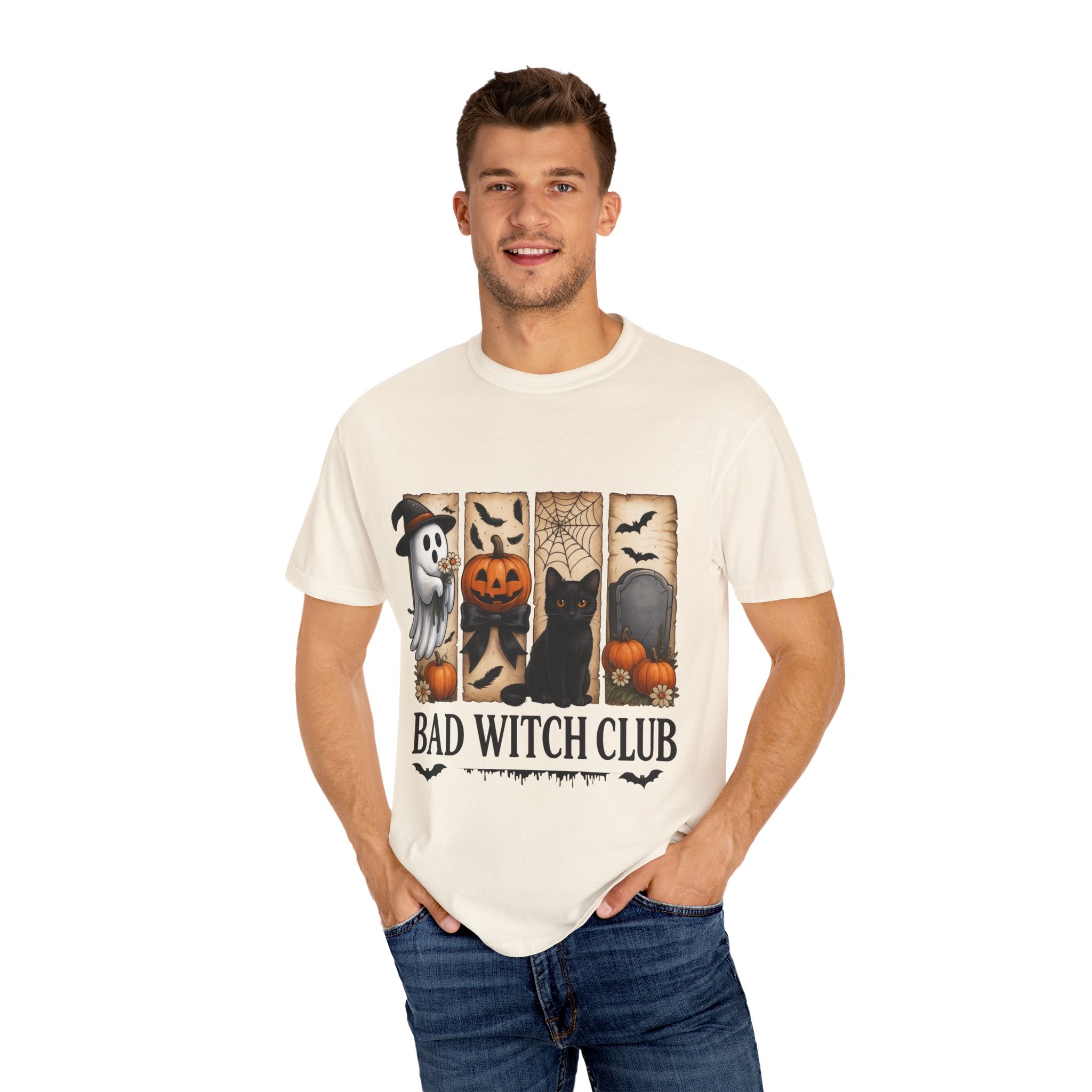 Bad Witch Club Halloween T-Shirt – Cute Ghost, Black Cat, Pumpkin & Spooky Gothic Design