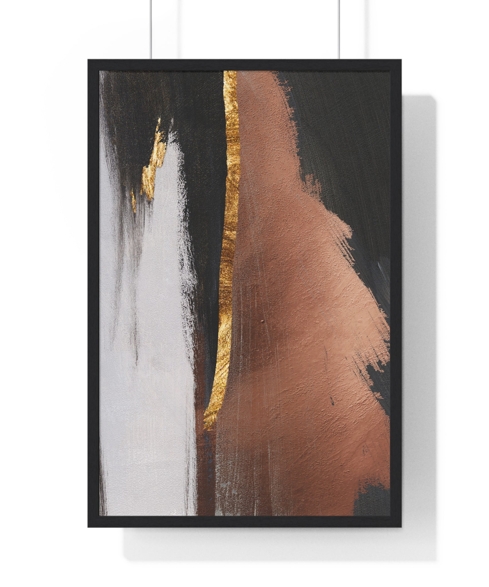 Modern Abstract Wall Art – Bold Black, Copper & Gold Textured Poster on Wooden Frame – Luxury Canvas Print for Home or Office
