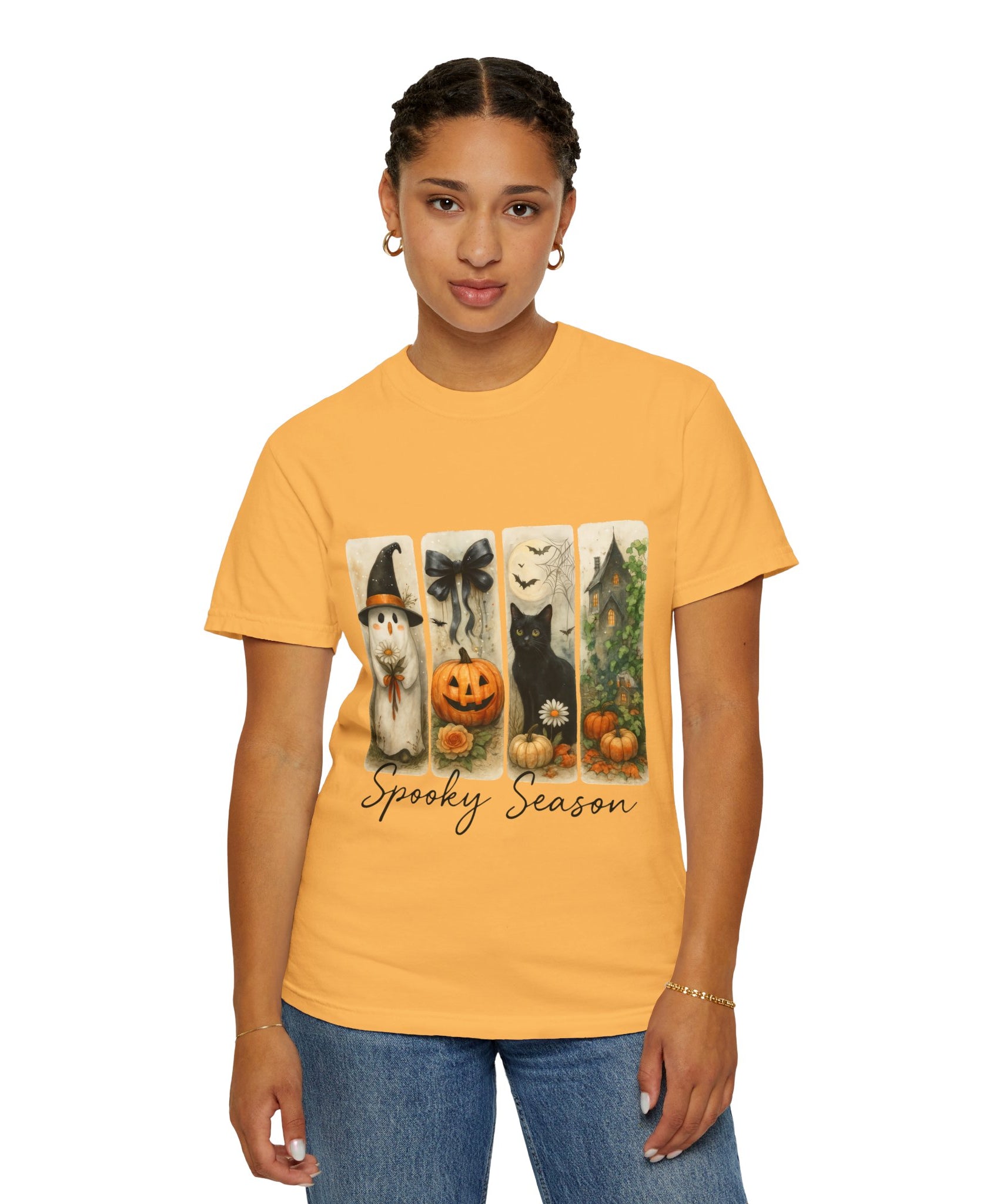 Vintage Halloween Unisex T-Shirt – Cute Ghost, Black Cat, Pumpkin & Haunted House Art - Gallory Hive
