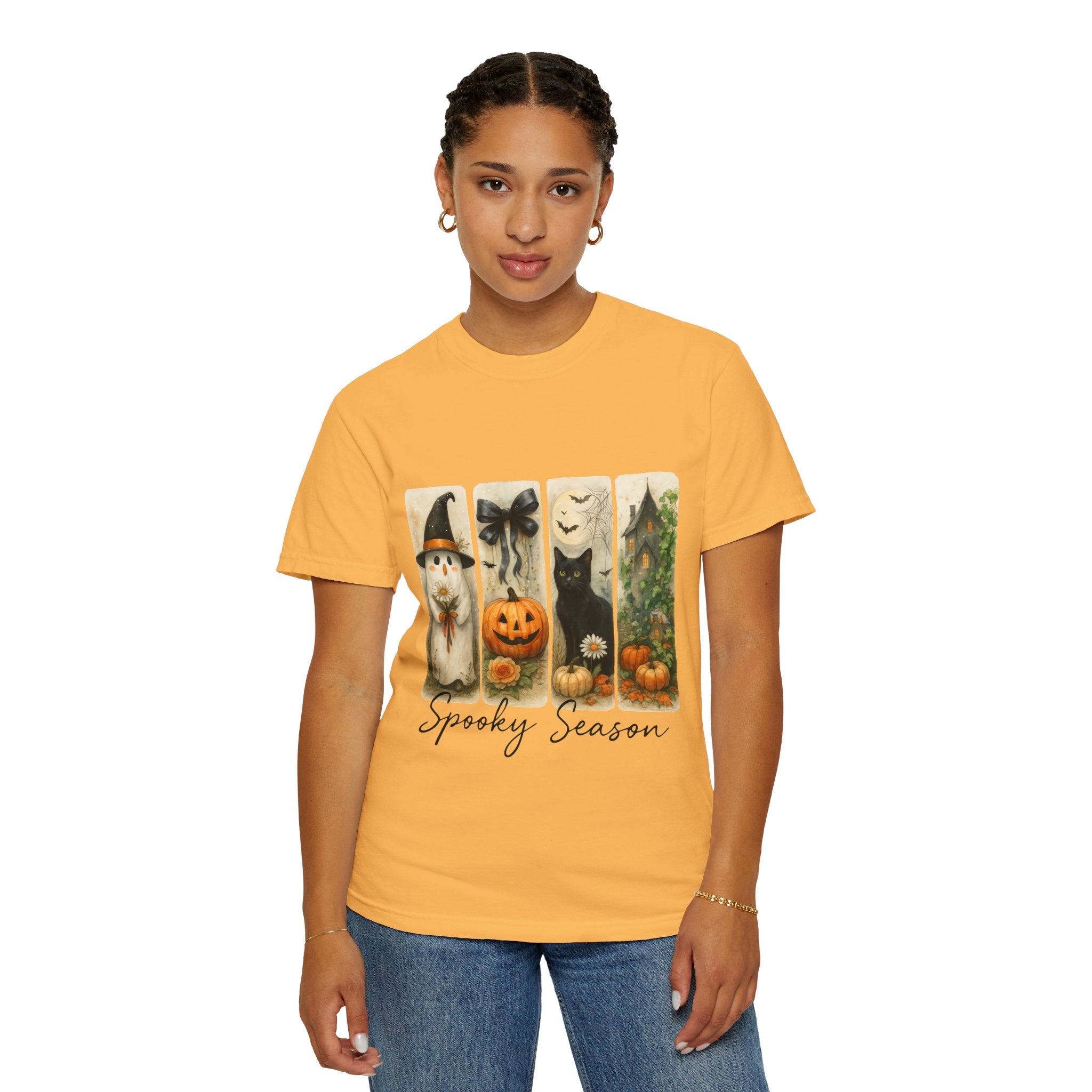 Vintage Halloween Unisex T-Shirt – Cute Ghost, Black Cat, Pumpkin & Haunted House Art