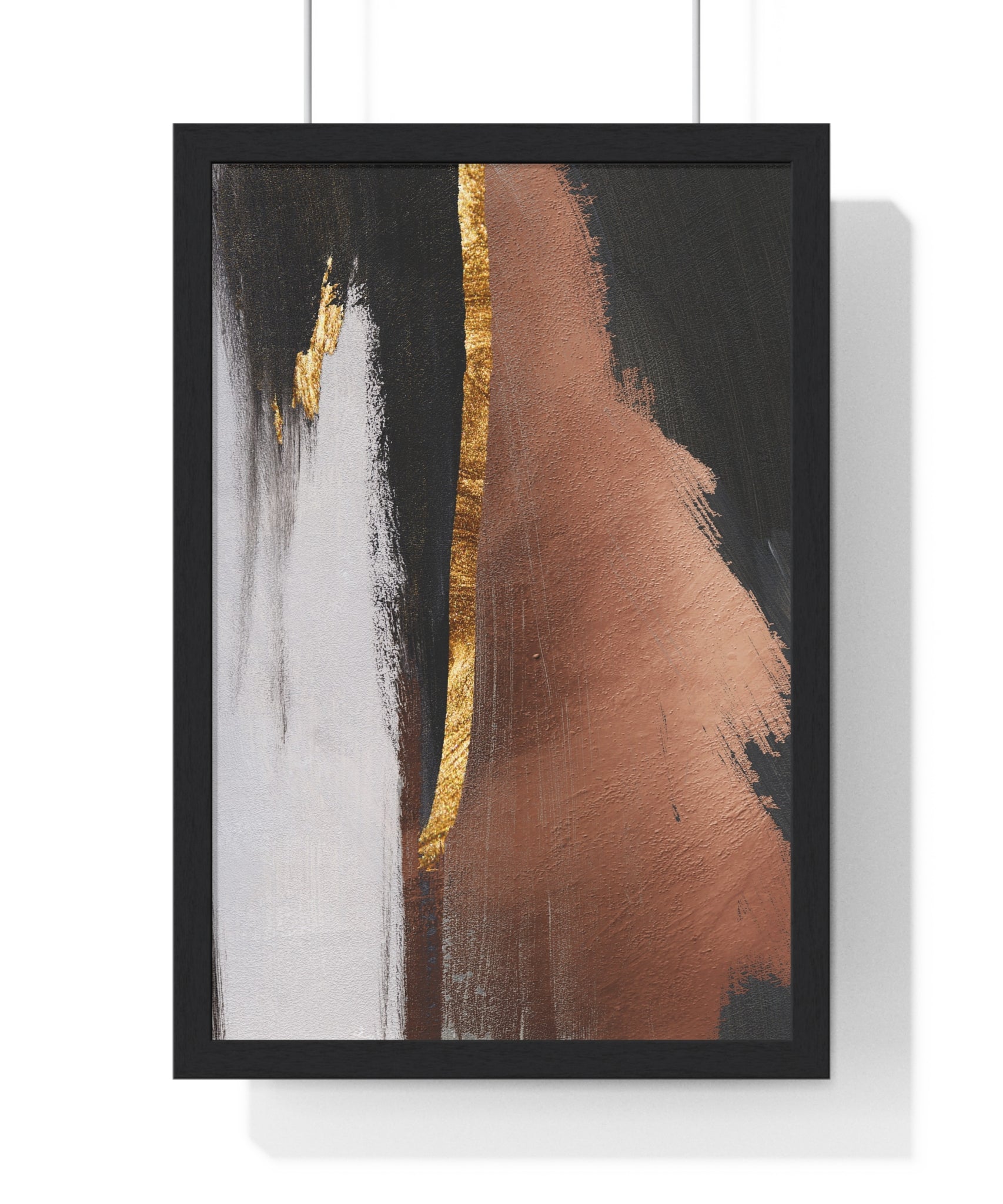Modern Abstract Wall Art – Bold Black, Copper & Gold Textured Poster on Wooden Frame – Luxury Canvas Print for Home or Office