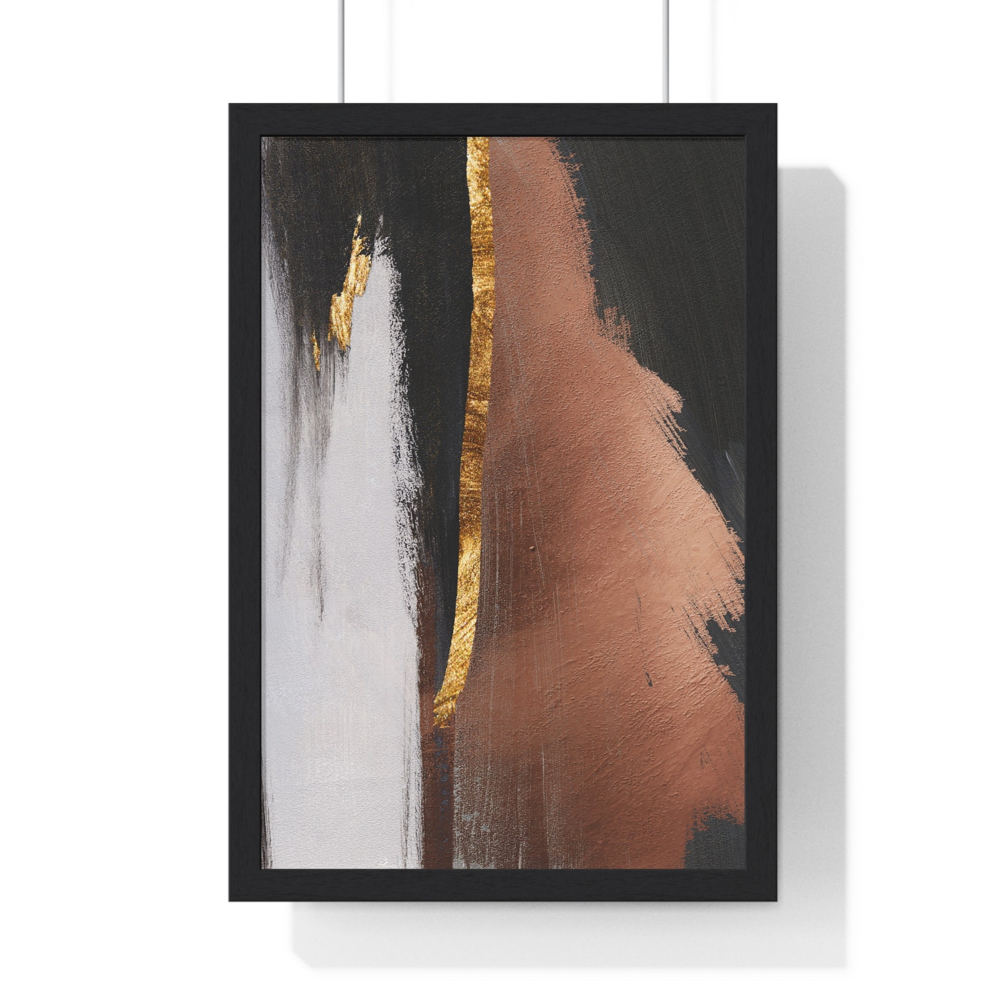 Modern Abstract Wall Art – Bold Black, Copper & Gold Textured Poster on Wooden Frame – Luxury Canvas Print for Home or Office