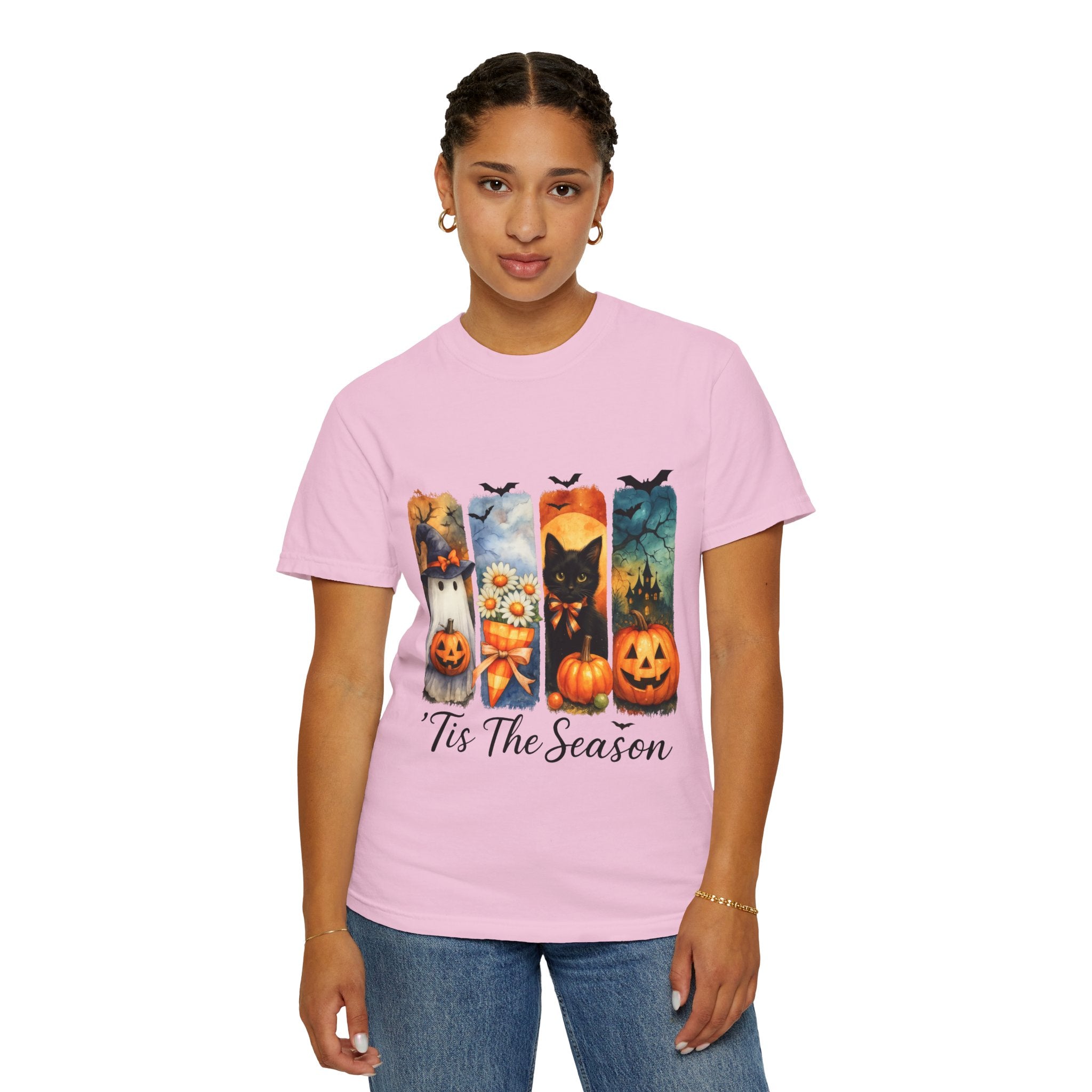 Whimsical Halloween T-Shirt – Ghost, Black Cat, Pumpkins & Haunted House Design