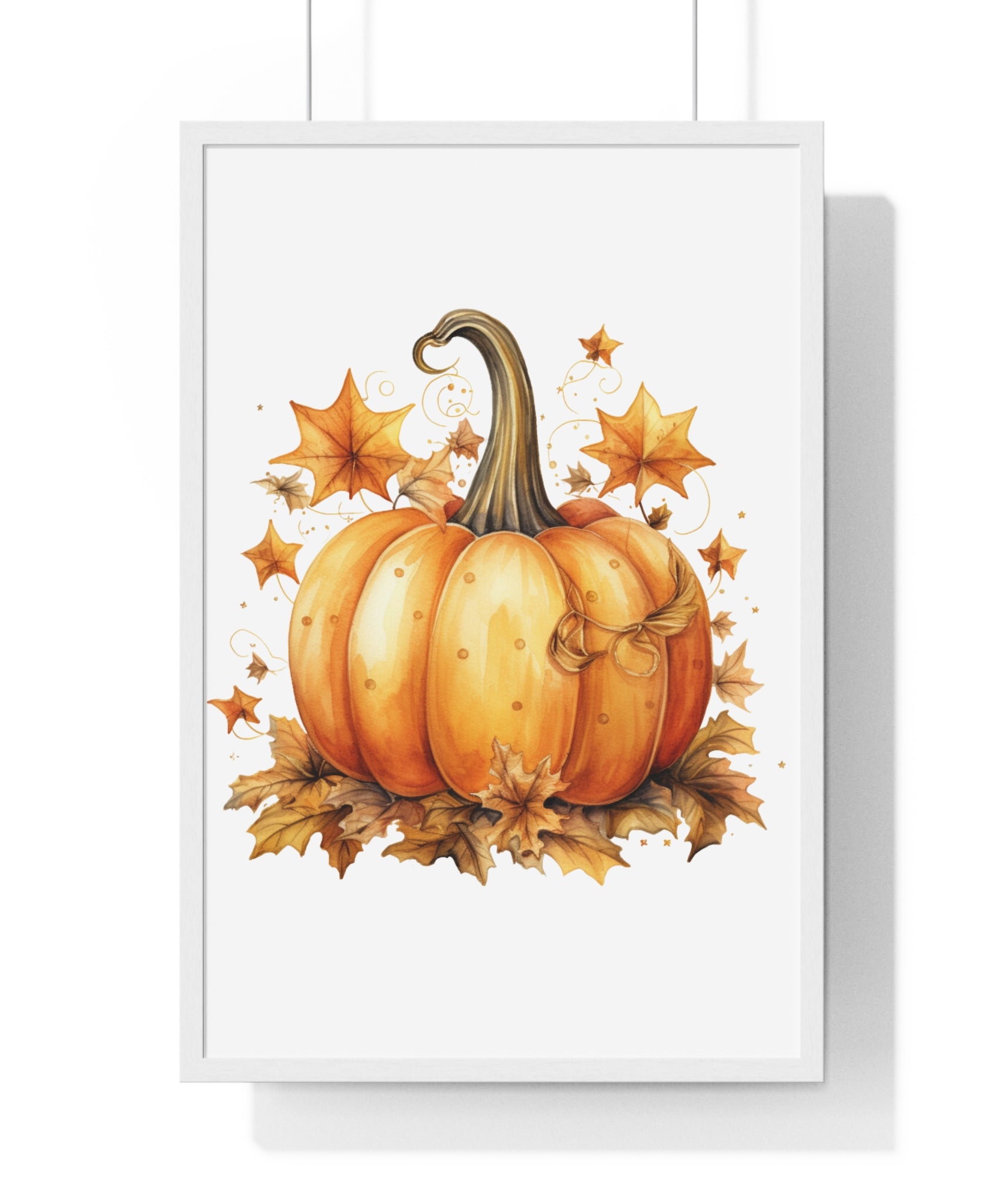 Decorative Autumn Pumpkin Wall Art – Bow-Tied Harvest Poster with Leaves & Swirls | Wooden Frame Fall Decor