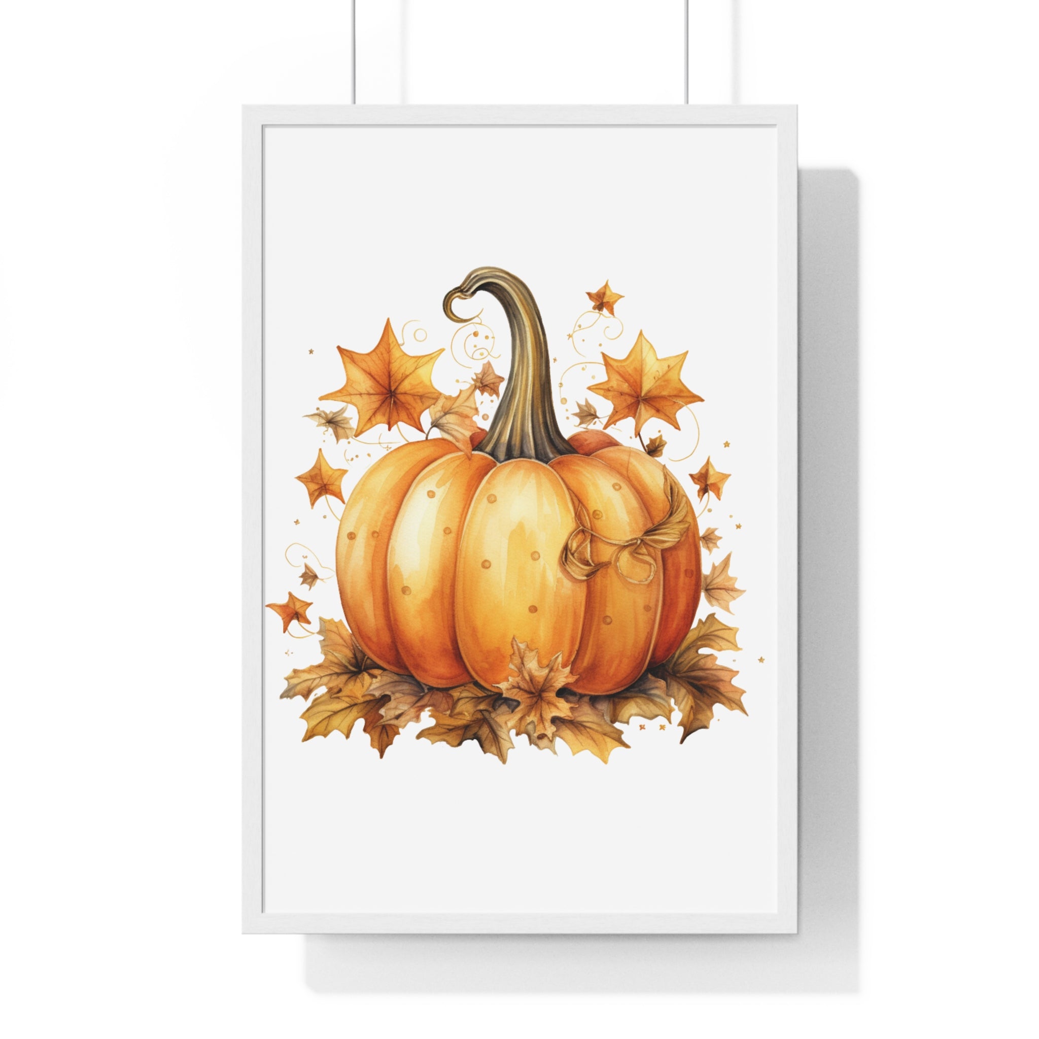 Decorative Autumn Pumpkin Wall Art – Bow-Tied Harvest Poster with Leaves & Swirls | Wooden Frame Fall Decor