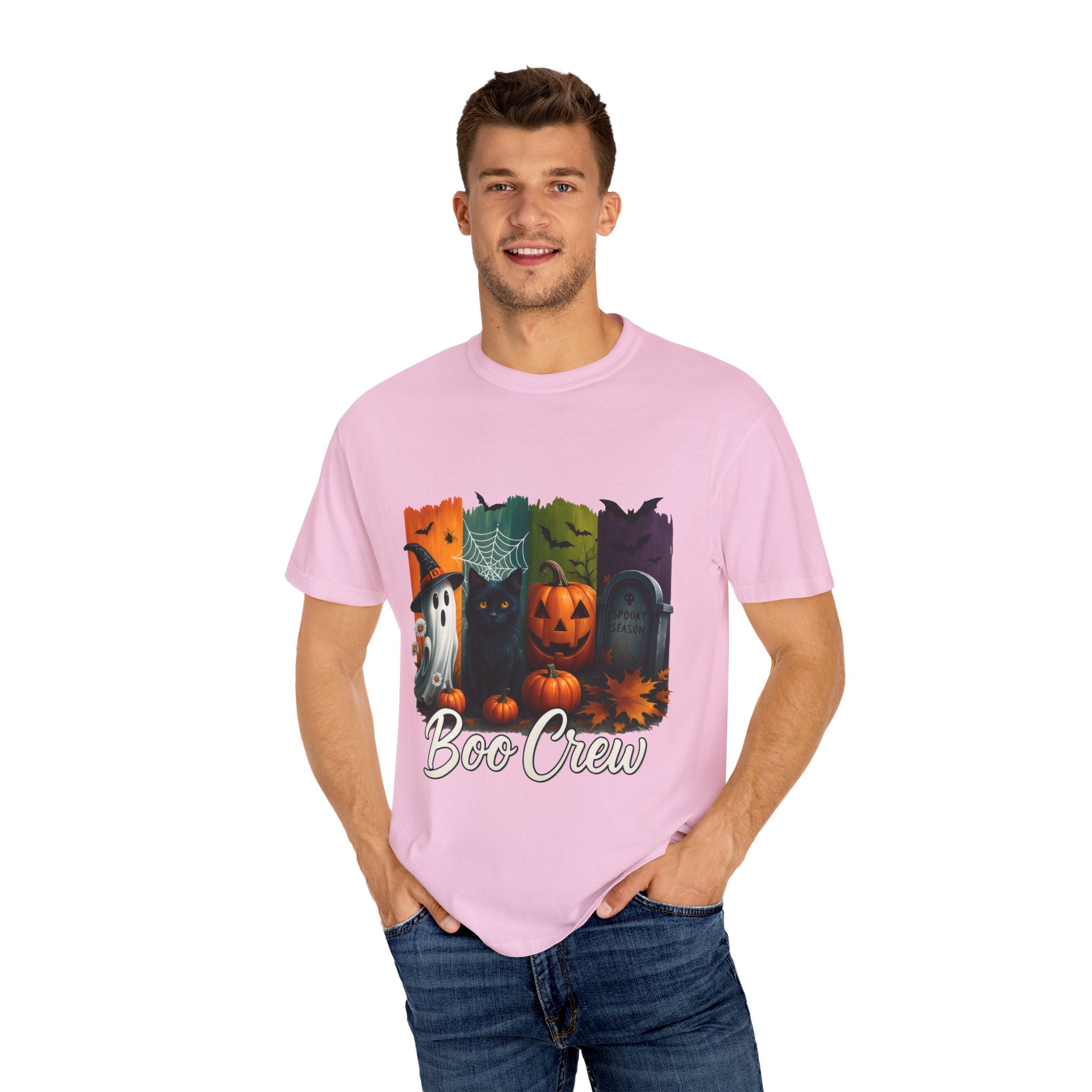 Boo Crew Halloween Unisex T-Shirt – Cute Ghost, Black Cat, Pumpkin & Tombstone Design