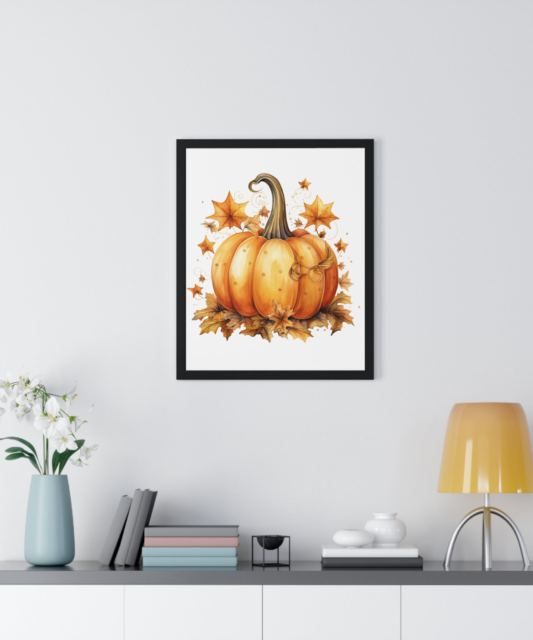Decorative Autumn Pumpkin Wall Art – Bow-Tied Harvest Poster with Leaves & Swirls | Wooden Frame Fall Decor
