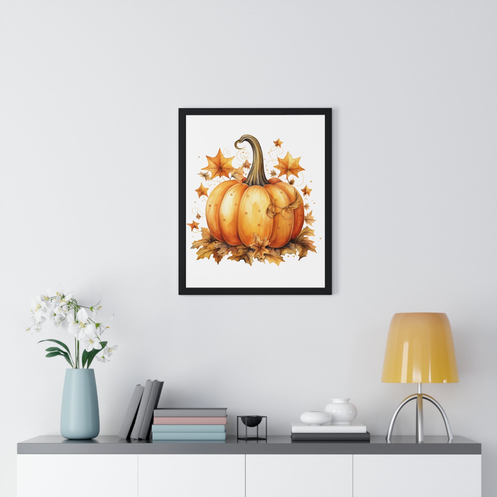 Decorative Autumn Pumpkin Wall Art – Bow-Tied Harvest Poster with Leaves & Swirls | Wooden Frame Fall Decor