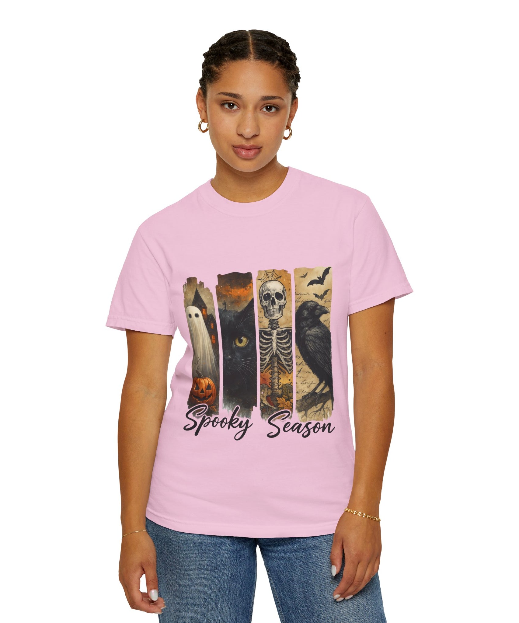 Spooky Season Gothic Halloween T-Shirt – Ghost, Black Cat, Skeleton & Raven Design - Gallory Hive