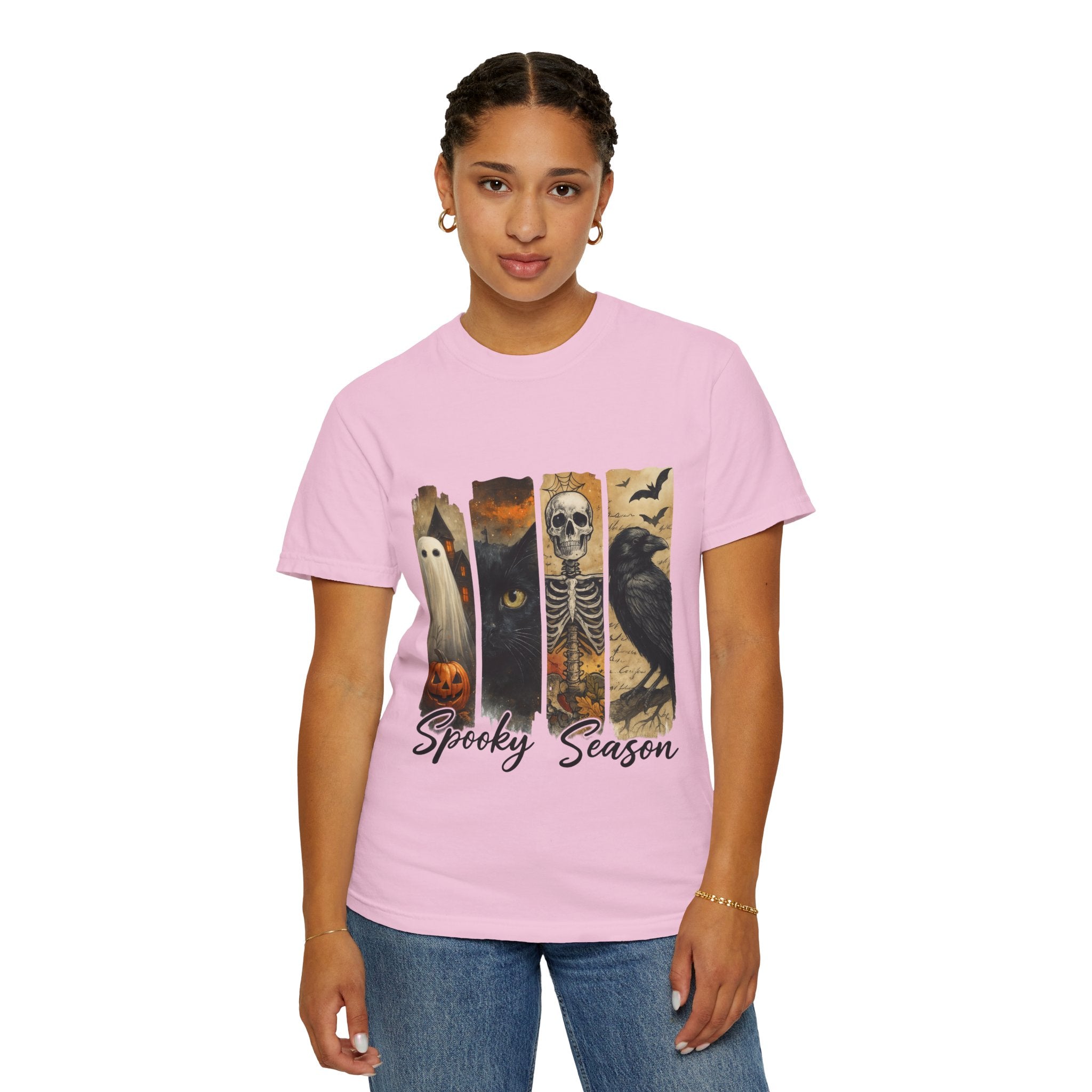 Spooky Season Gothic Halloween T-Shirt – Ghost, Black Cat, Skeleton & Raven Design