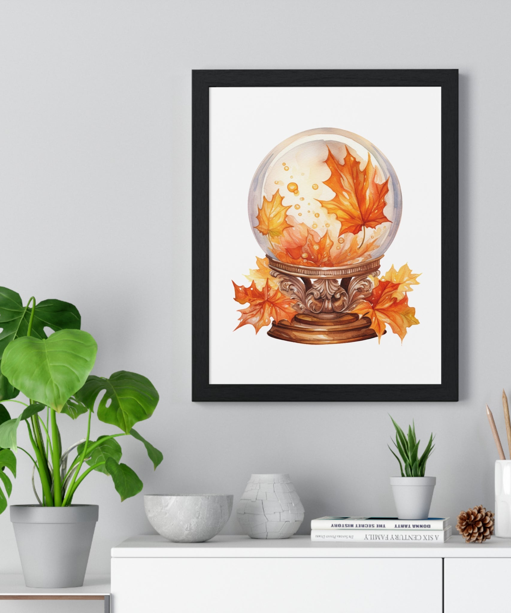 Floating Leaves Snow Globe Wall Art – Ornate Autumn Fantasy Poster | Wooden Frame Seasonal Home Decor