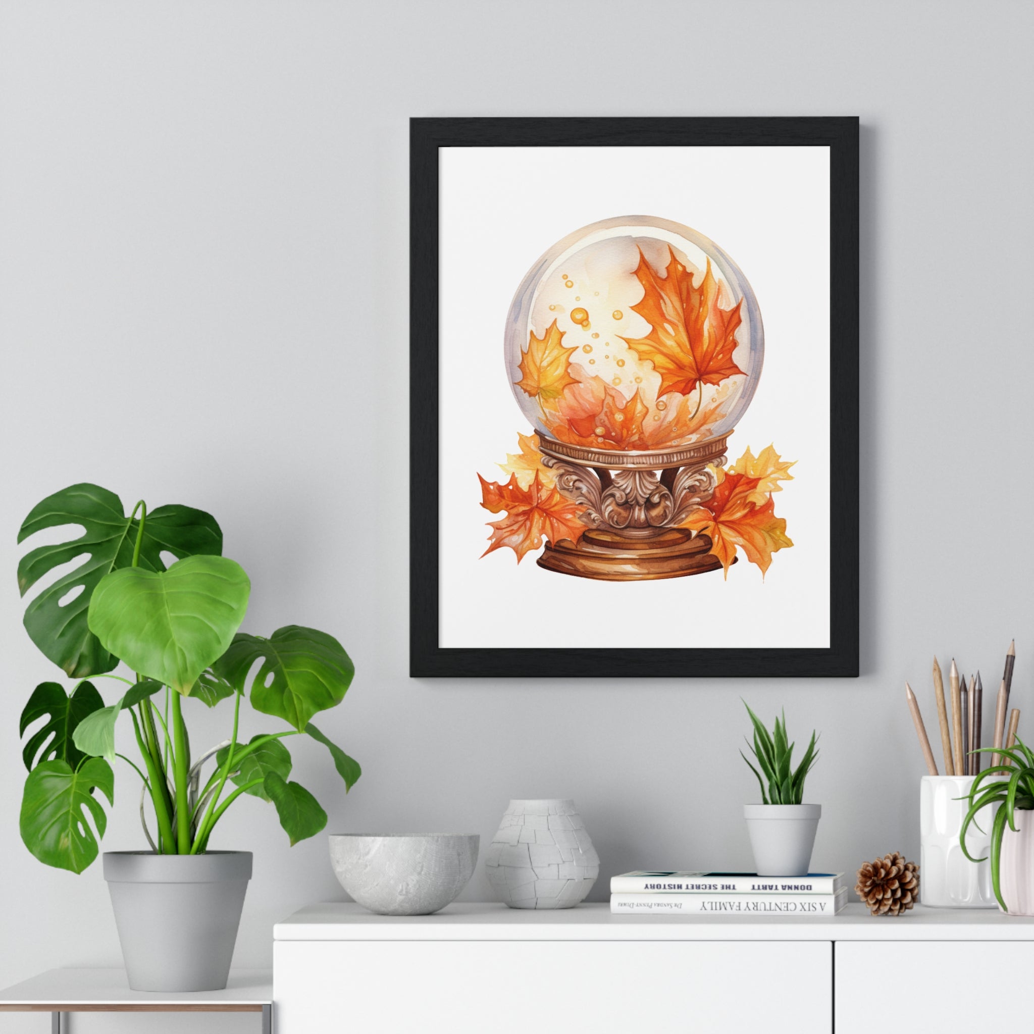 Floating Leaves Snow Globe Wall Art – Ornate Autumn Fantasy Poster | Wooden Frame Seasonal Home Decor