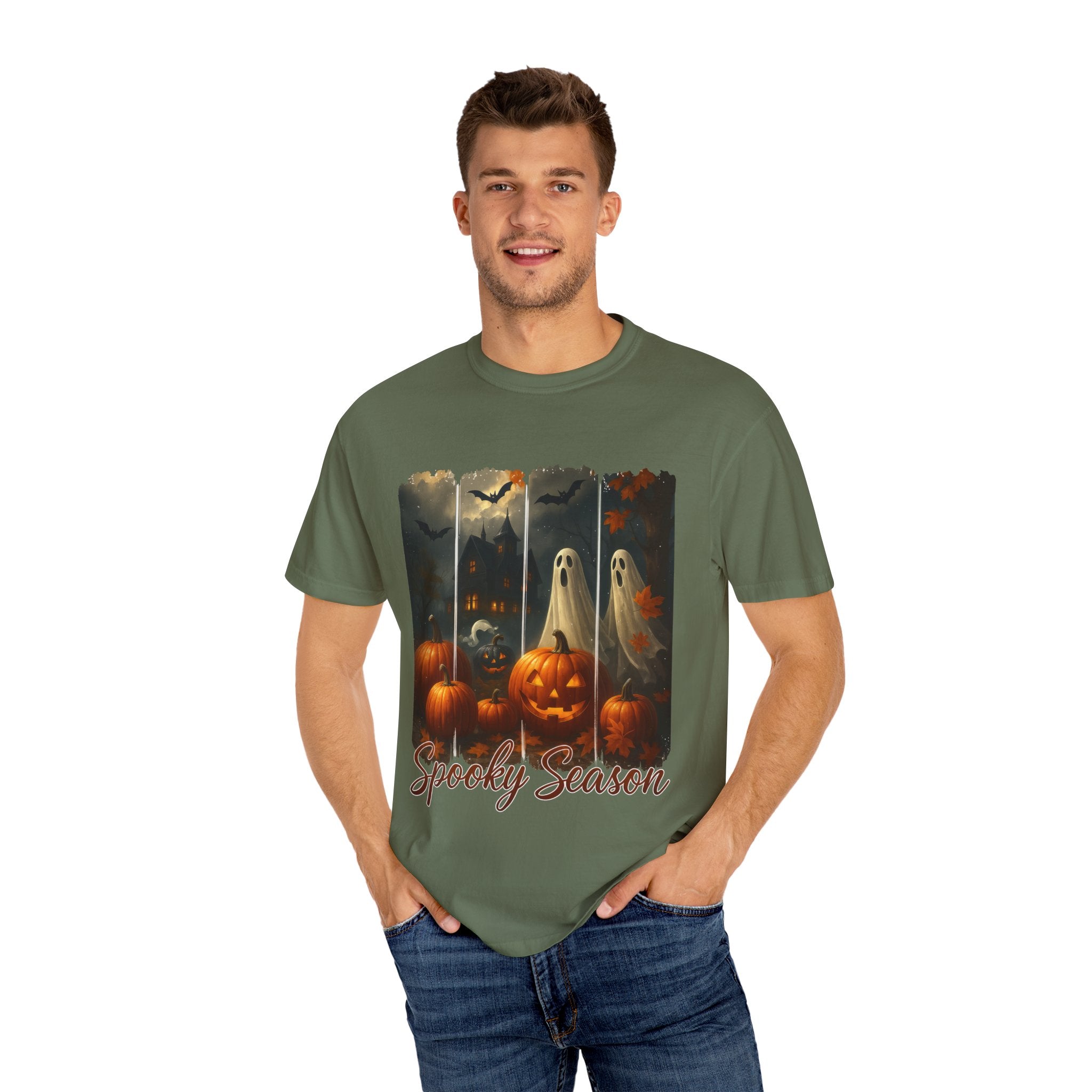 Spooky Season Unisex Halloween T-Shirt – Haunted House, Pumpkins & Ghosts Fall Design