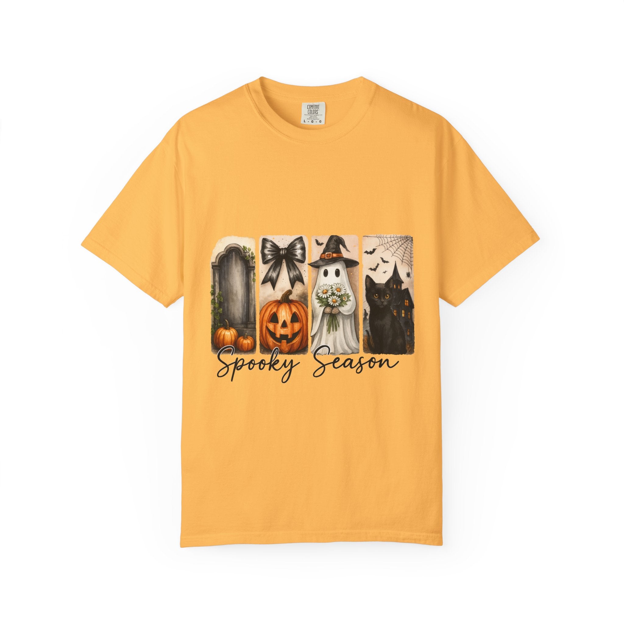 Spooky Season Unisex Halloween T-Shirt – Ghost, Black Cat, Pumpkin & Haunted House Art - Gallory Hive