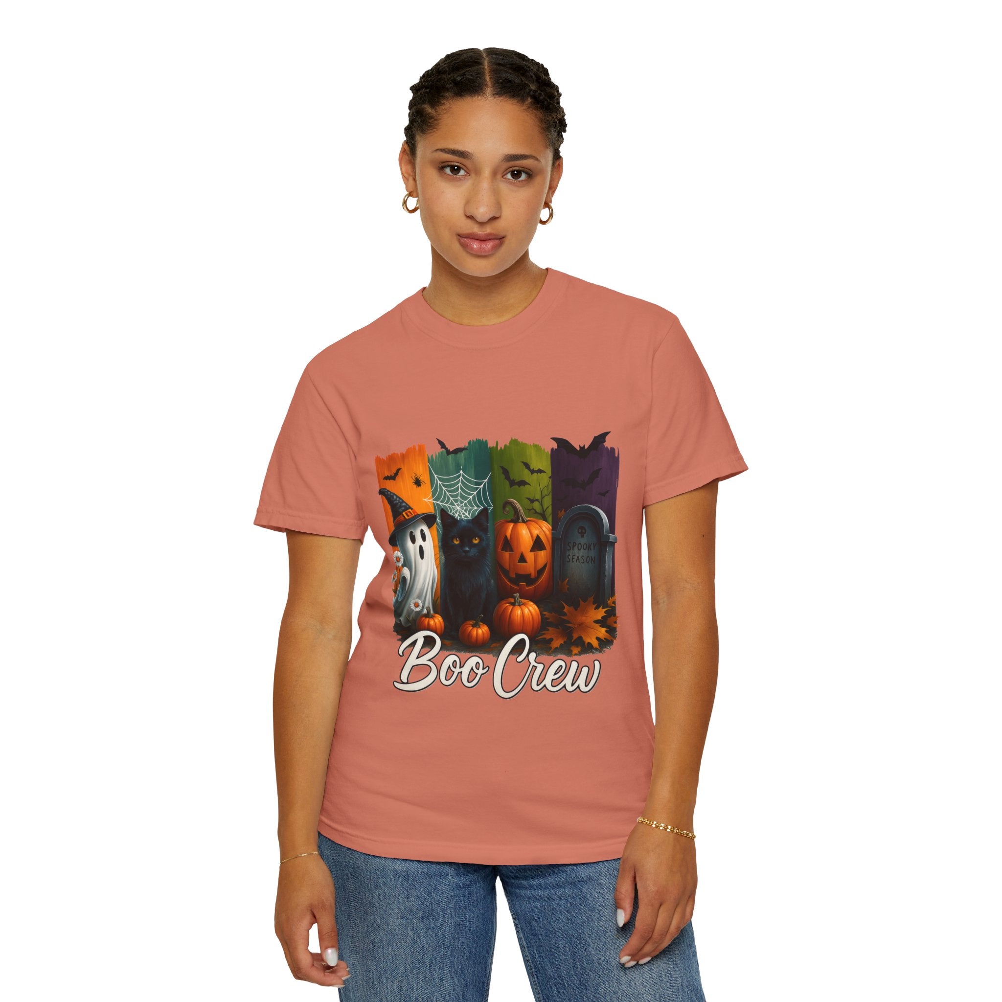 Boo Crew Halloween Unisex T-Shirt – Cute Ghost, Black Cat, Pumpkin & Tombstone Design