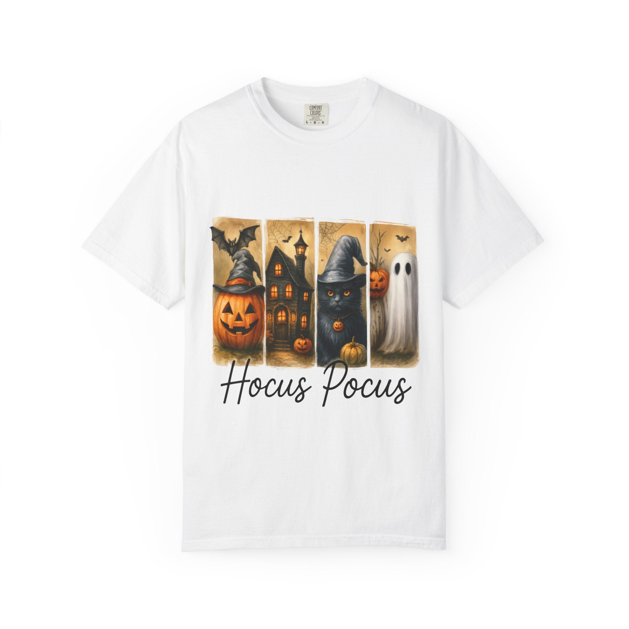 Hocus Pocus Halloween Unisex T-Shirt – Witchy Cat, Haunted House, Pumpkin & Ghost Art