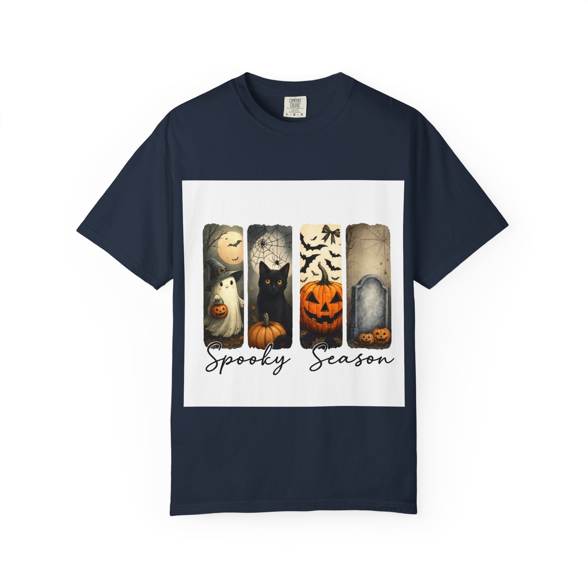 Halloween Night Unisex T-Shirt – Ghost, Black Cat, Pumpkin & Tombstone Vintage Art
