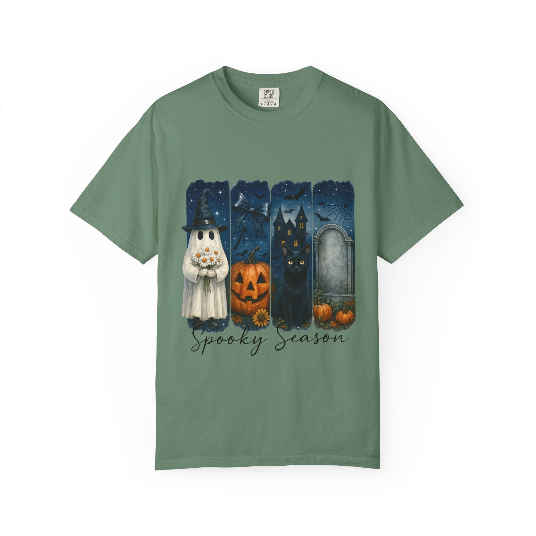 Spooky Season Halloween T-Shirt – Ghost, Black Cat, Pumpkin & Haunted House Design