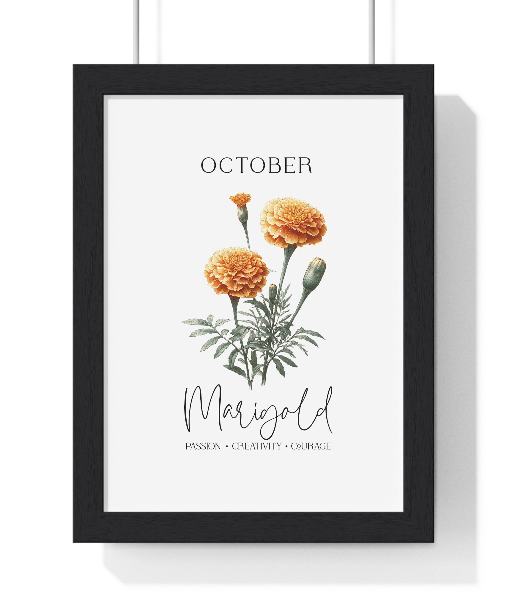 October Birth Month Flower Wall Art – Marigold Illustration in Wooden Frame | Passion, Creativity & Courage