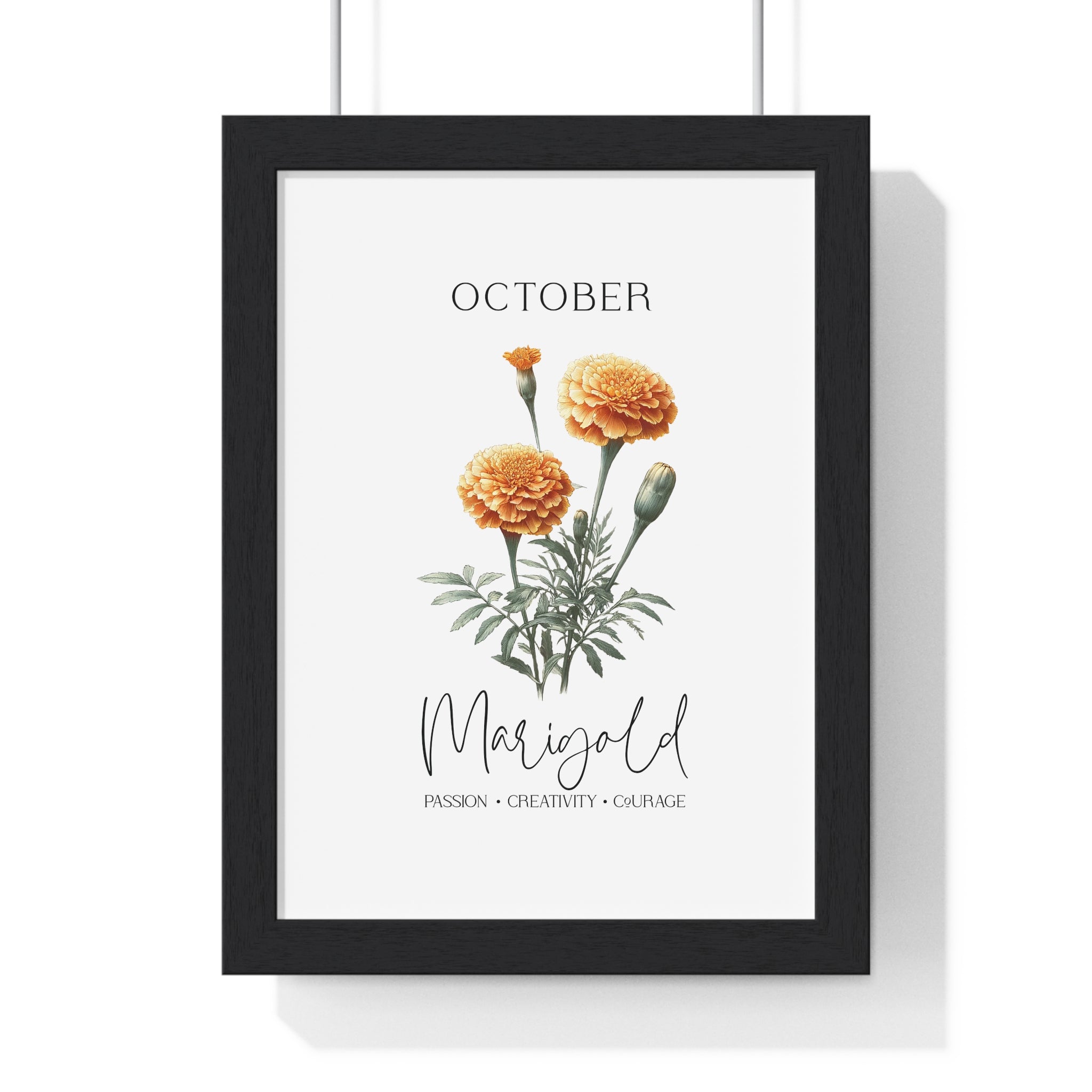 October Birth Month Flower Wall Art – Marigold Illustration in Wooden Frame | Passion, Creativity & Courage