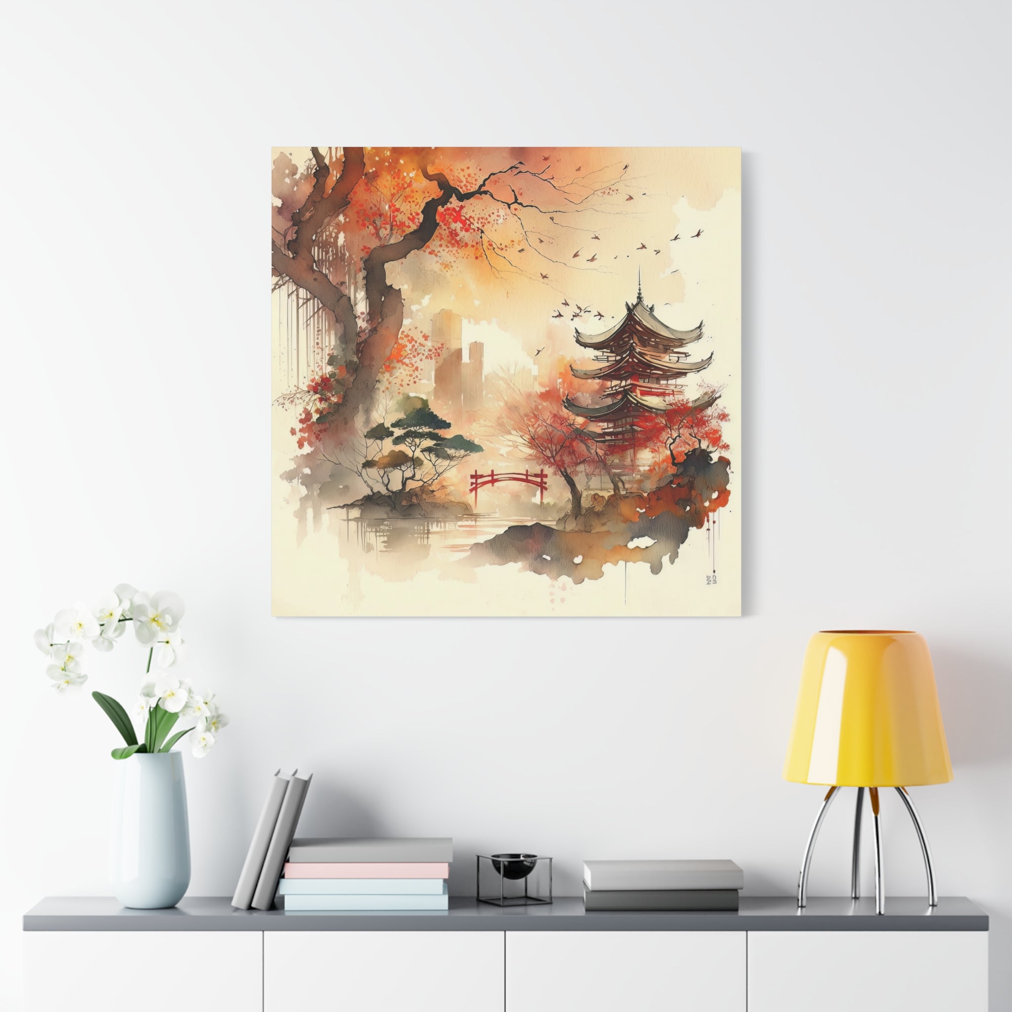 Autumn Japanese Temple – Watercolor Pagoda Wall Art | Gallory Hive