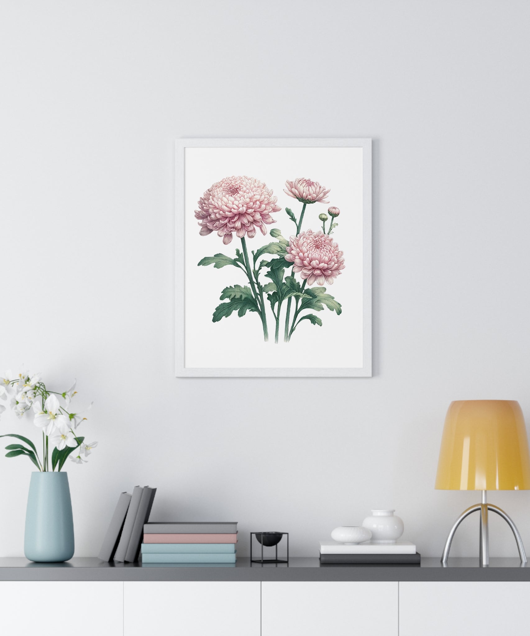 November Birth Month Flower Wall Art – Pink Chrysanthemum Illustration in Wooden Frame | Loyalty, Love & Joy