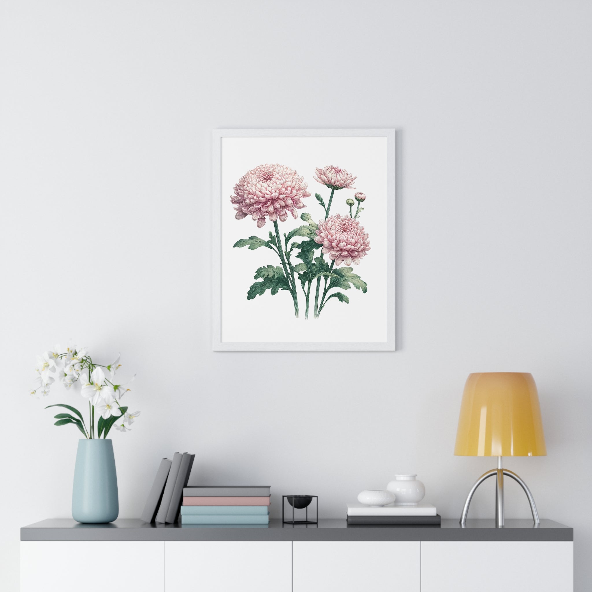November Birth Month Flower Wall Art – Pink Chrysanthemum Illustration in Wooden Frame | Loyalty, Love & Joy