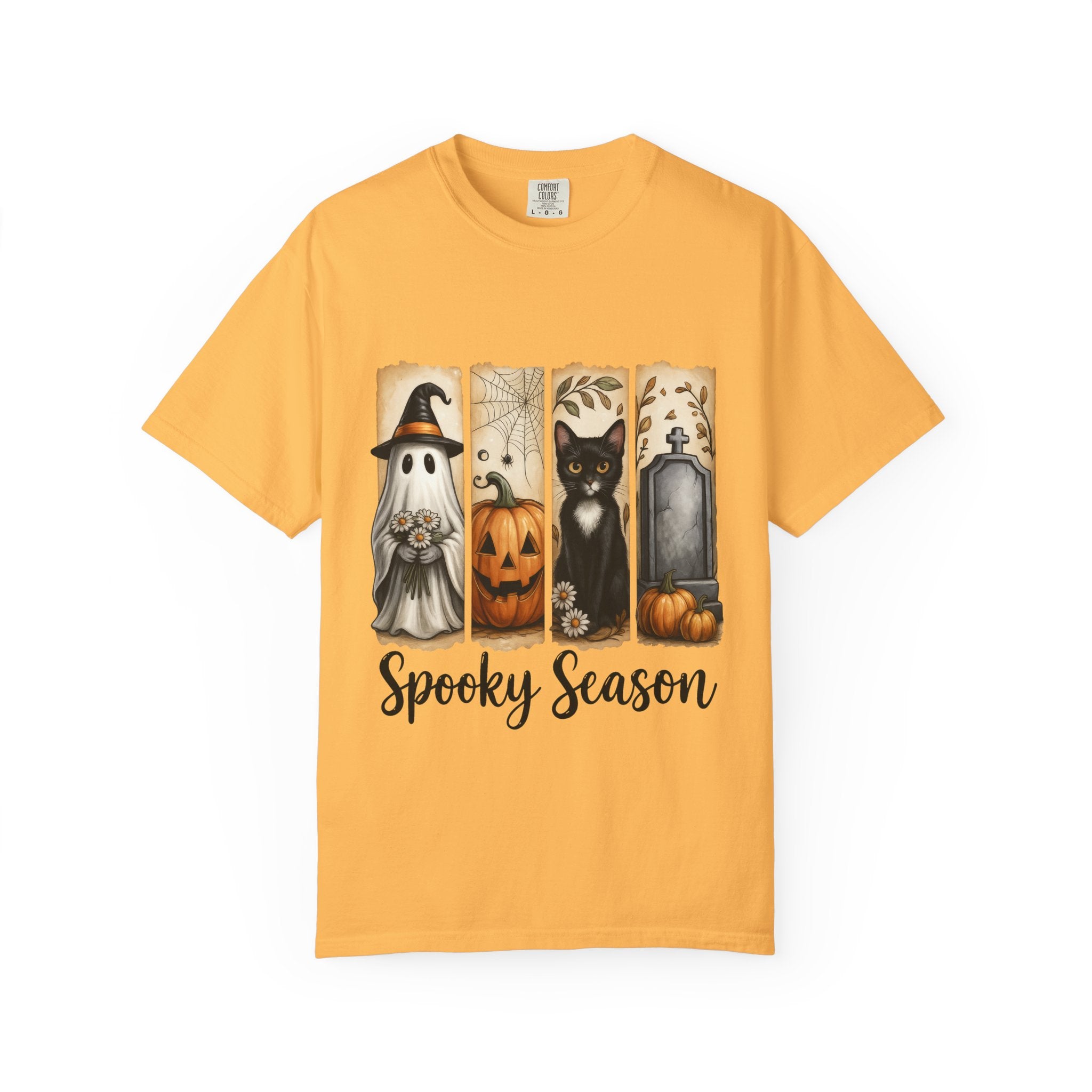 Spooky Season Halloween Unisex T-Shirt – Ghost, Cat & Pumpkin Design - Gallory Hive