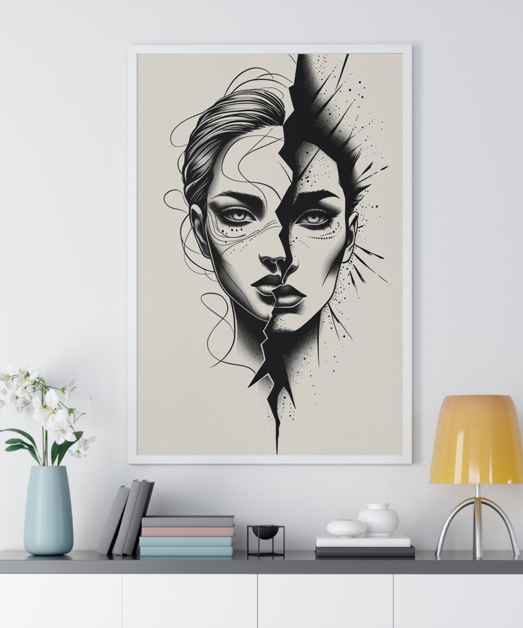 Framed Art Print, Modern Wall Decor, Home Office Gift, Minimalist Split Face Poster, Stylish Artwork - Gallory Hive