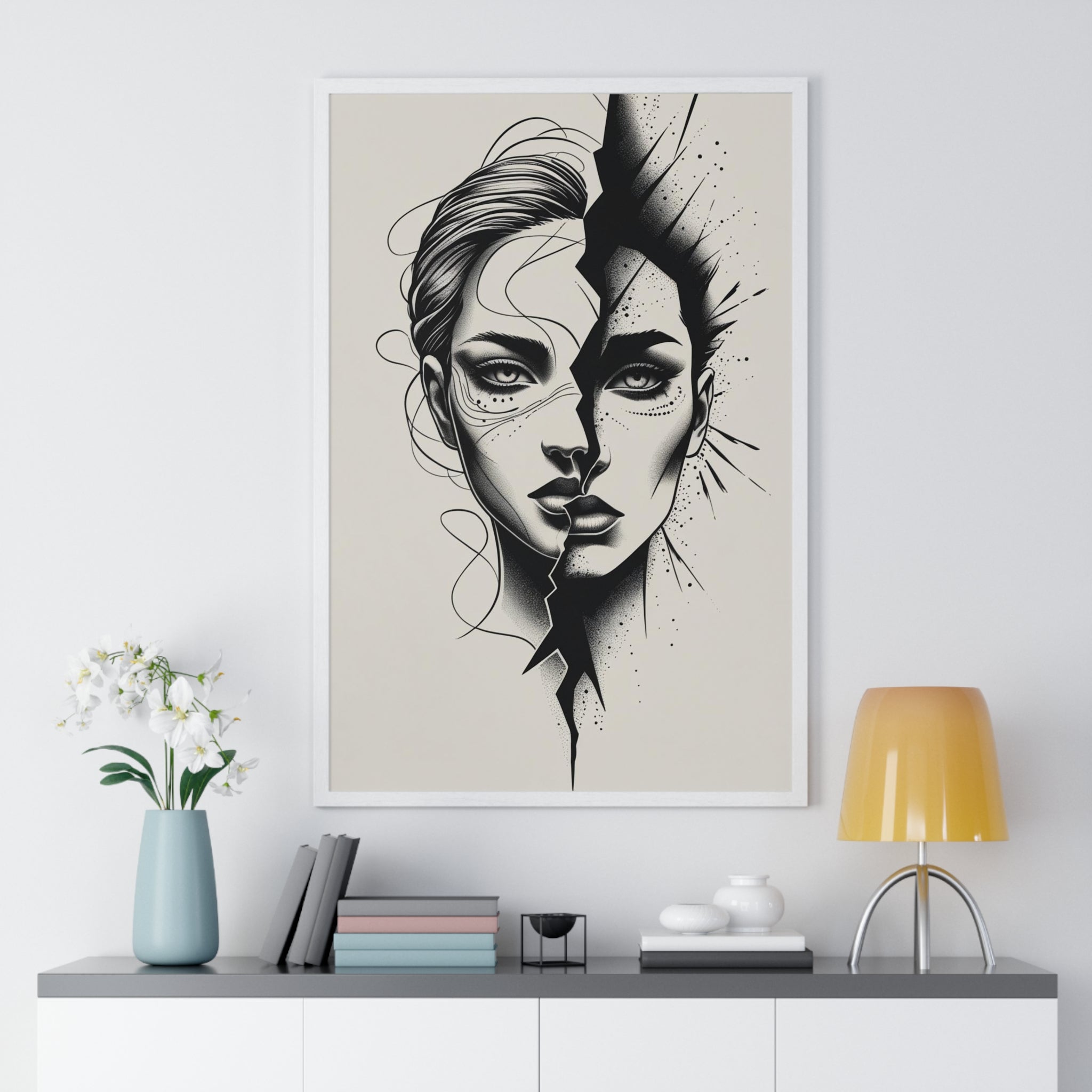 Framed Art Print, Modern Wall Decor, Home Office Gift, Minimalist Split Face Poster, Stylish Artwork