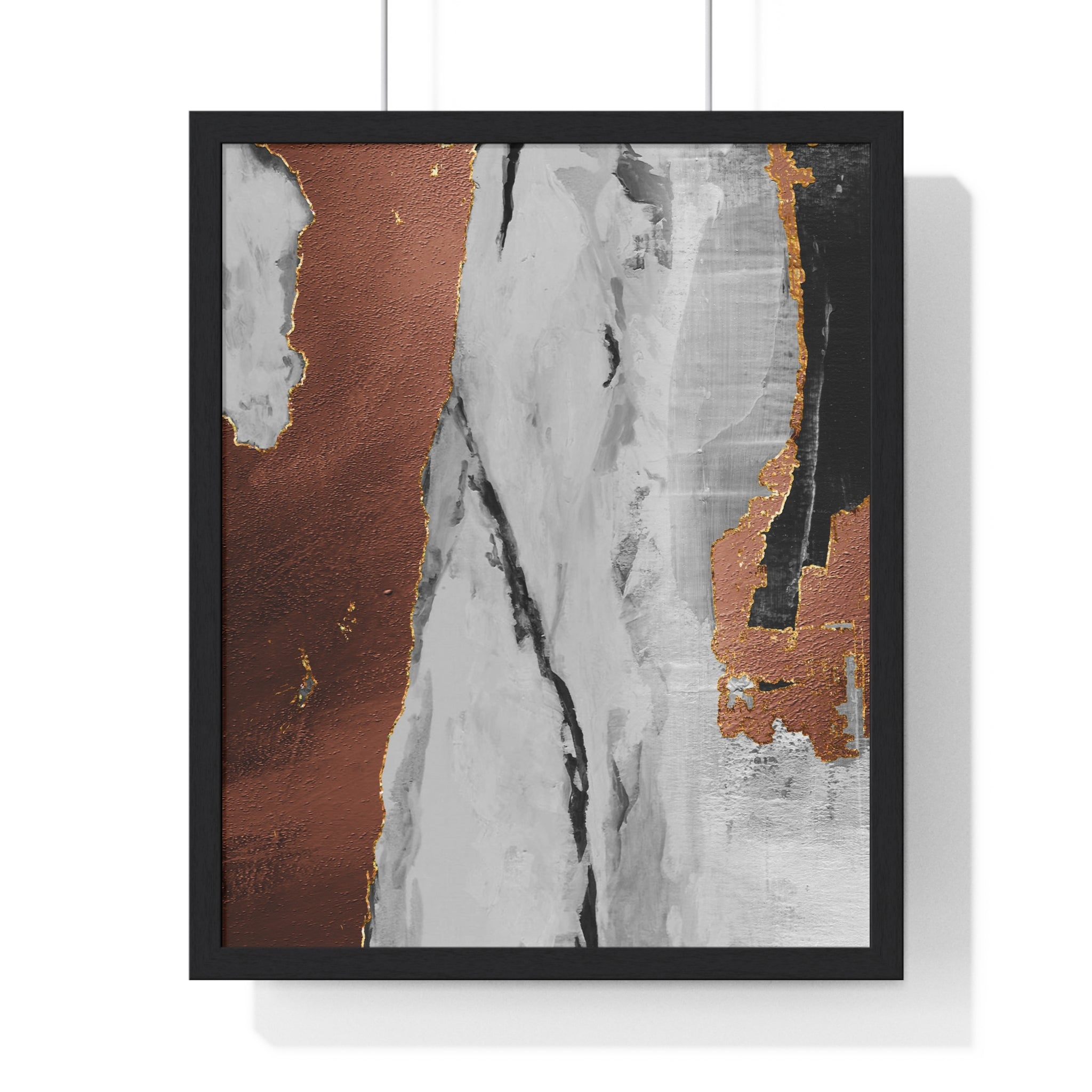 Luxury Abstract Wall Art Poster – Metallic Copper & Marble Texture on Wooden Frame – Modern Home Décor