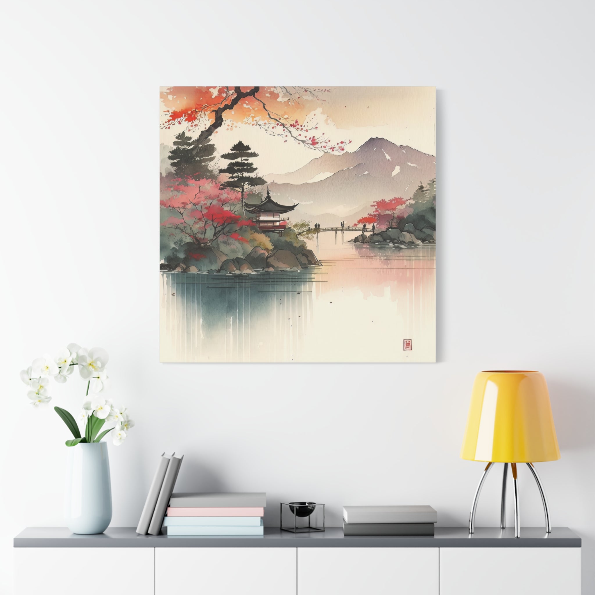 Tranquil Japanese Lake Scene – Watercolor Wall Art with Temple, Bridge & Mountains, Floral Canvas Print, Asian-Inspired Home Decor - Gallory Hive