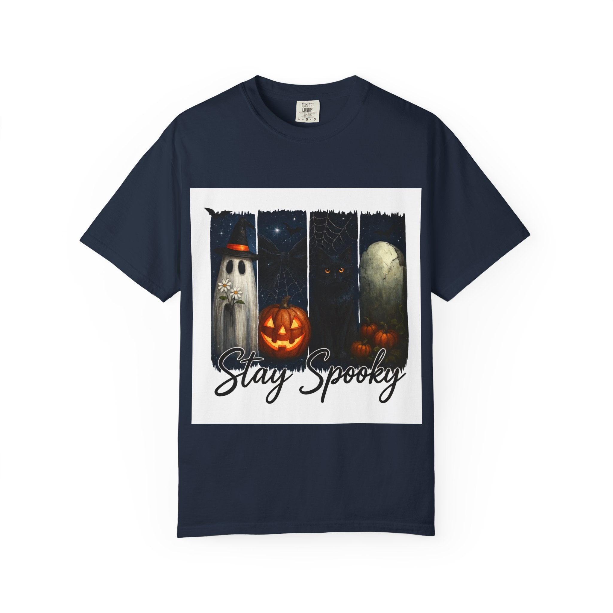Stay Spooky Halloween T-Shirt – Cute Ghost, Black Cat, Pumpkin & Graveyard Design