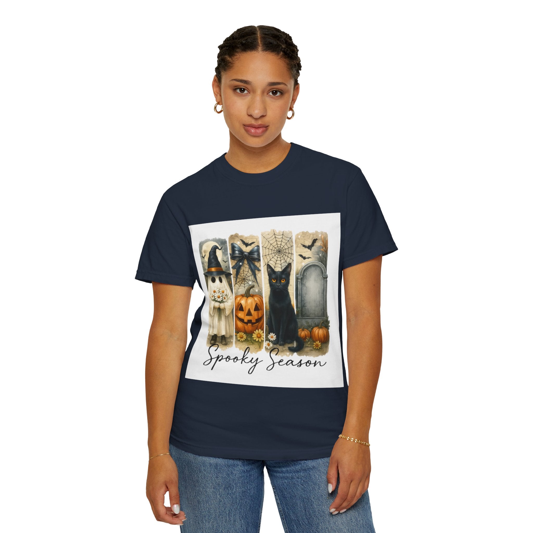 Spooky Season Halloween Unisex T-Shirt – Ghost, Black Cat & Pumpkin Design