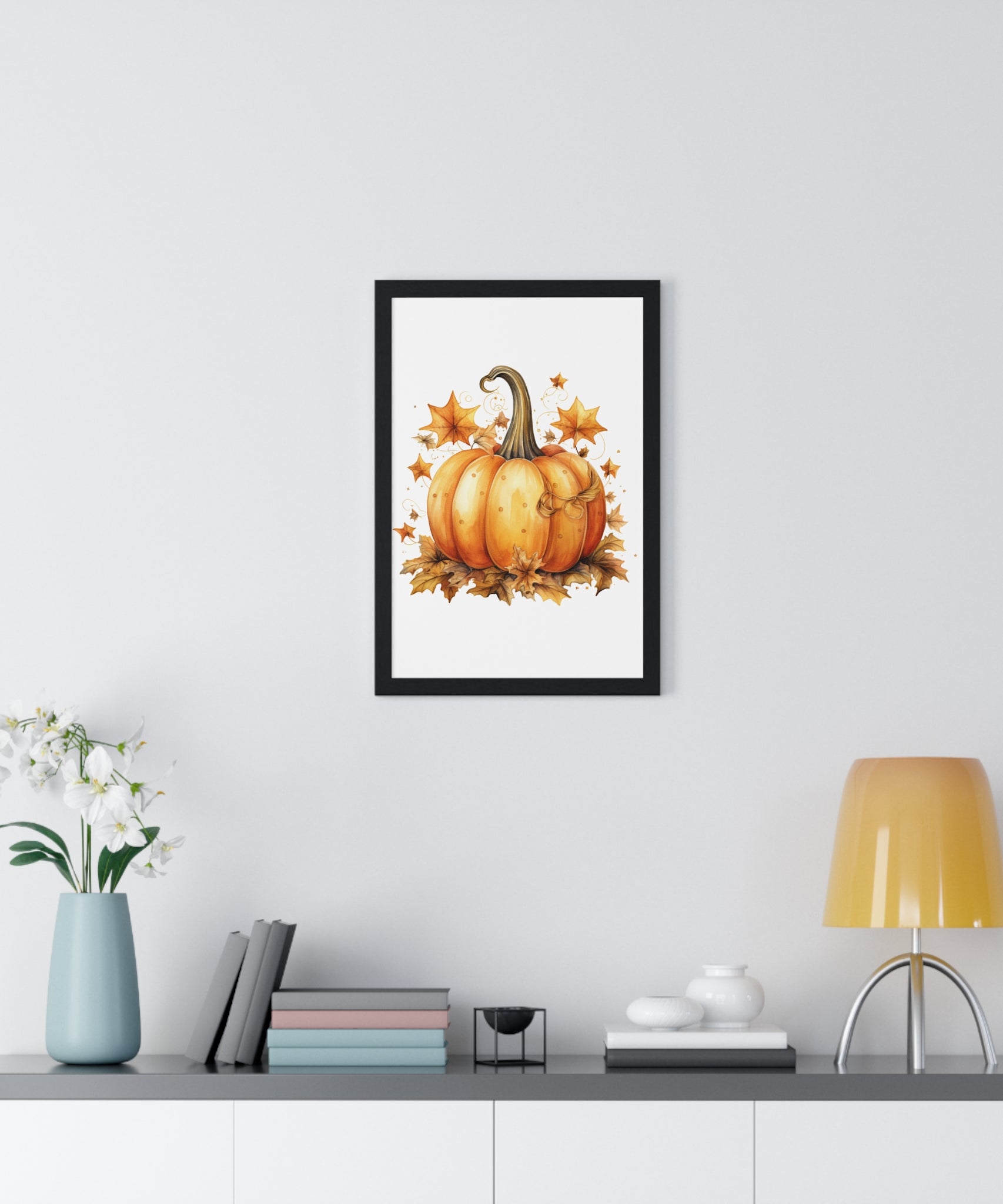 Decorative Autumn Pumpkin Wall Art – Bow-Tied Harvest Poster with Leaves & Swirls | Wooden Frame Fall Decor